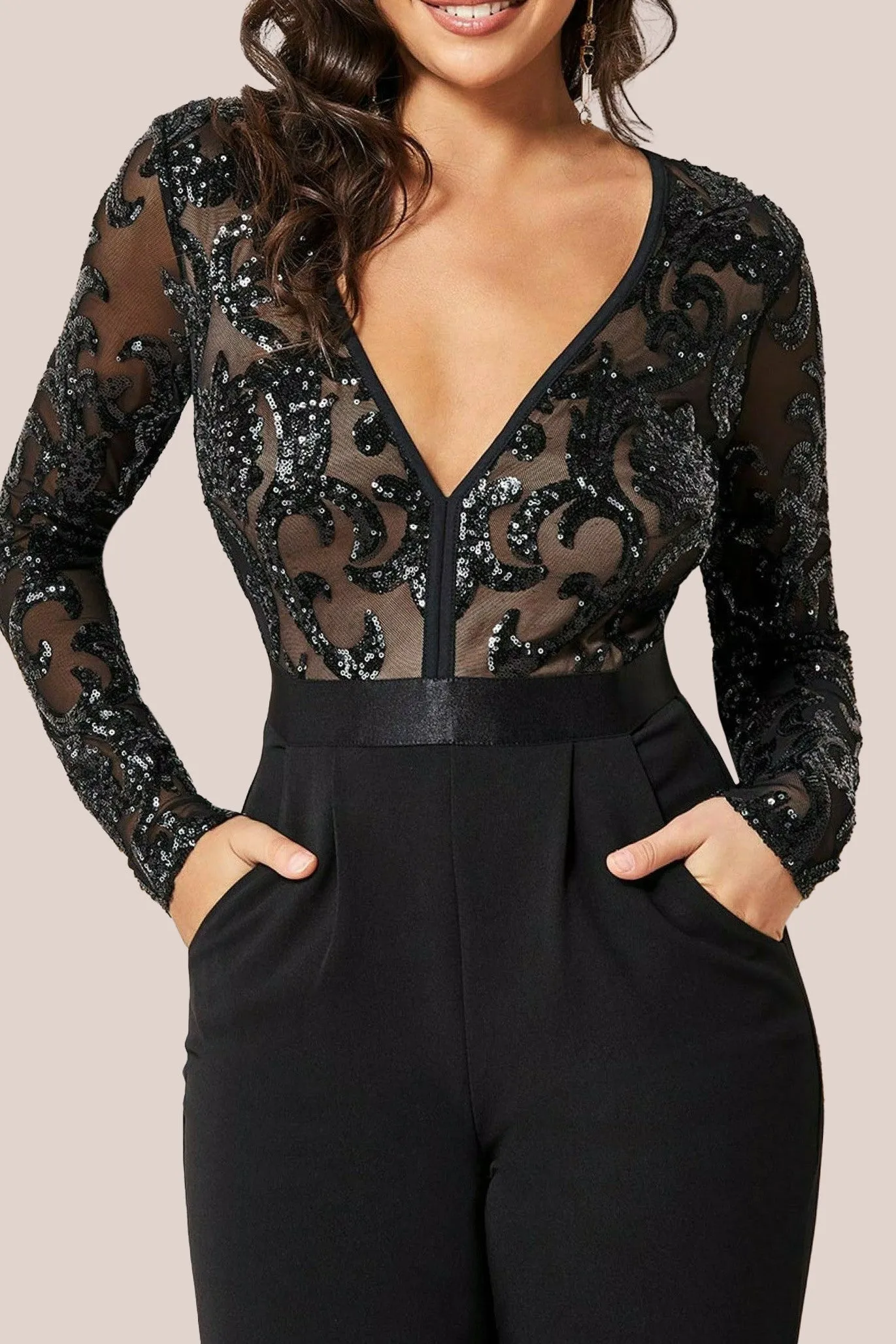 Goddiva Sequin Mesh Jumpsuit - Black