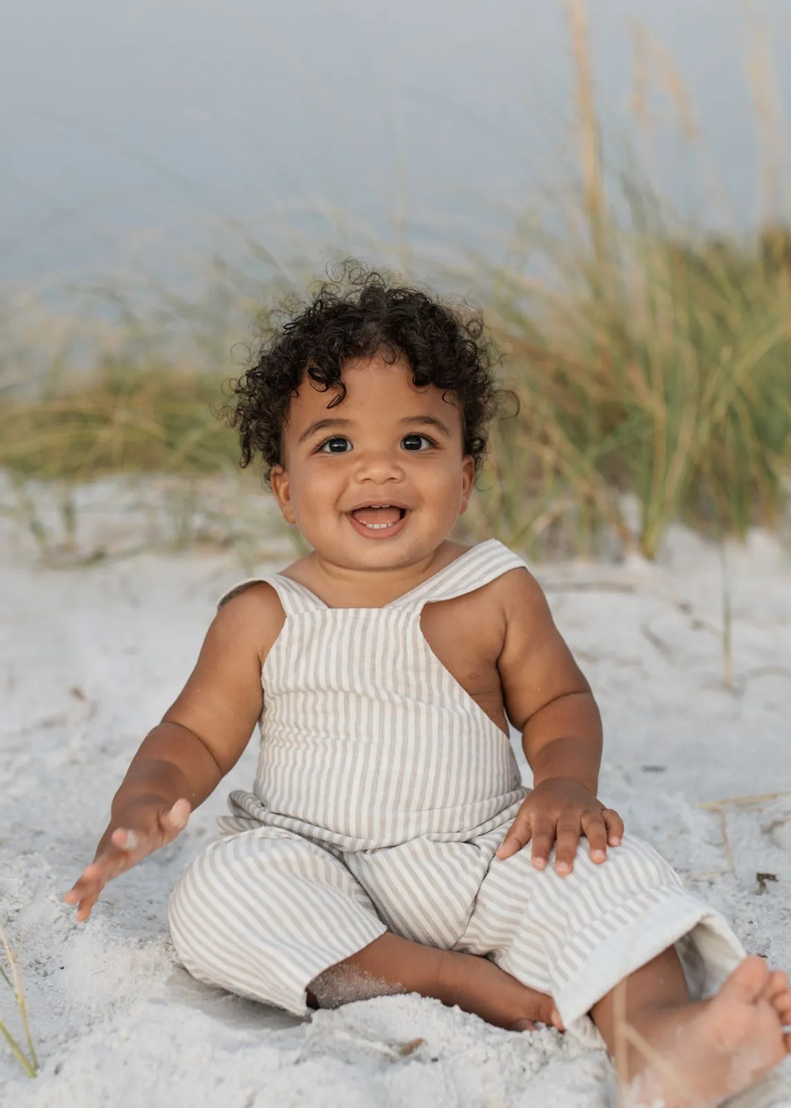 Grady Romper (desert pinstripe linen)