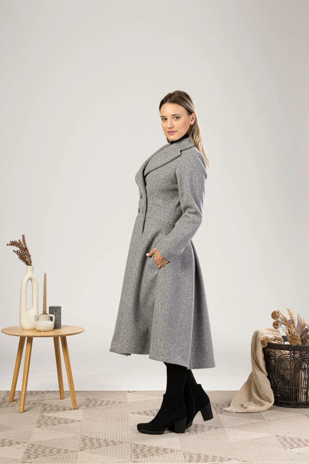 Gray A-Line Fit and Flare Coat with Pockets