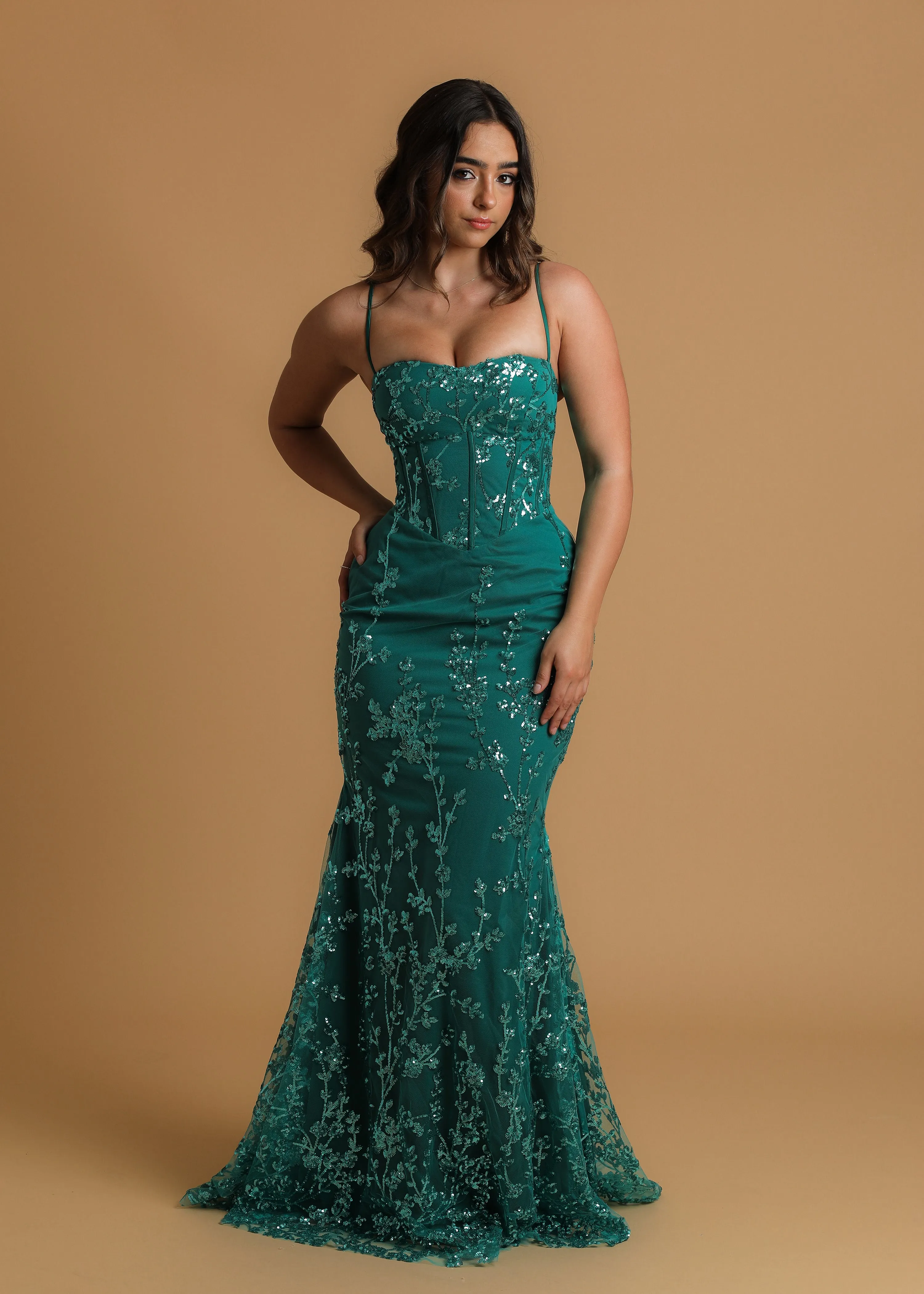 Green sequin lace straight neckline mermaid dress