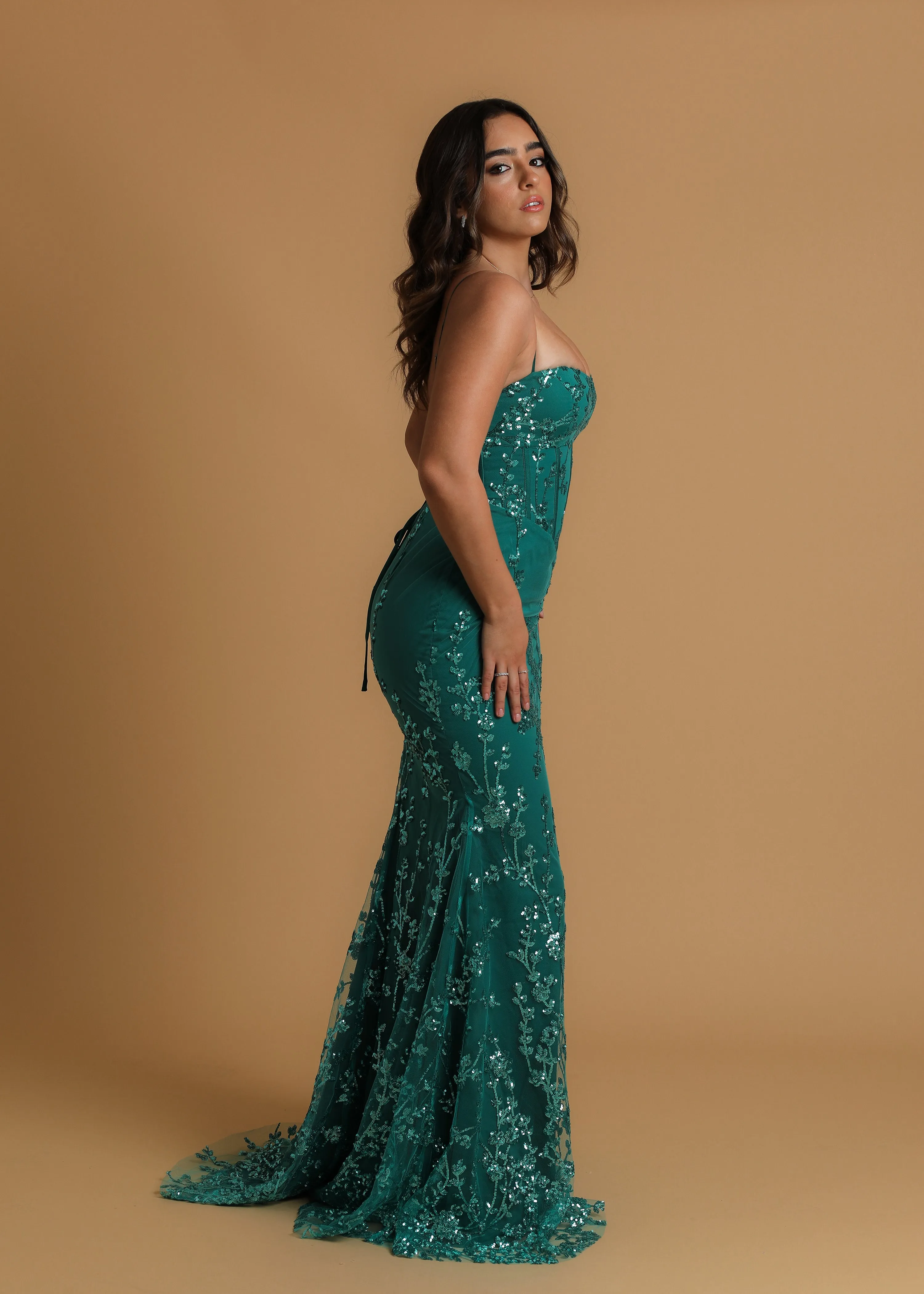 Green sequin lace straight neckline mermaid dress