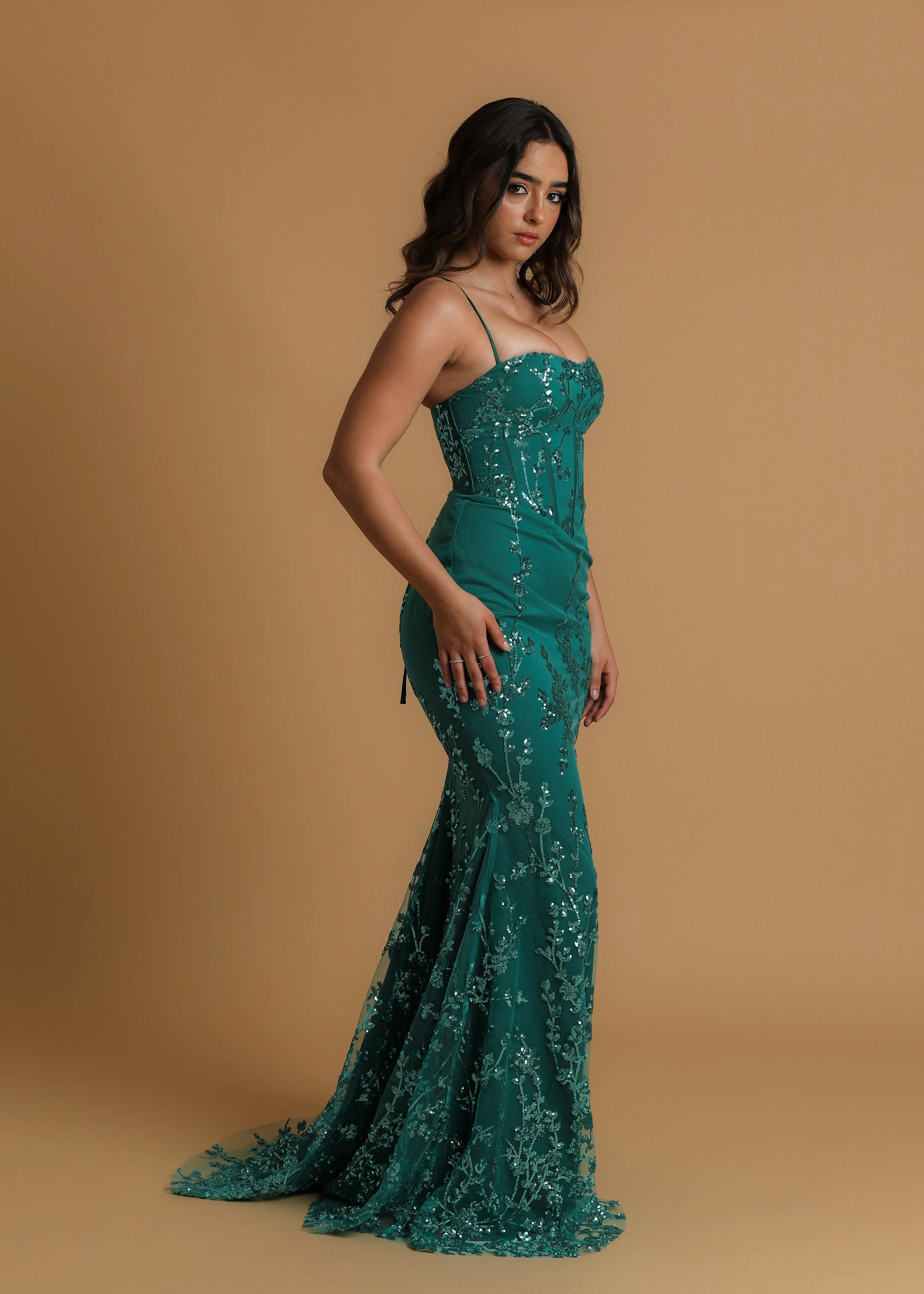 Green sequin lace straight neckline mermaid dress