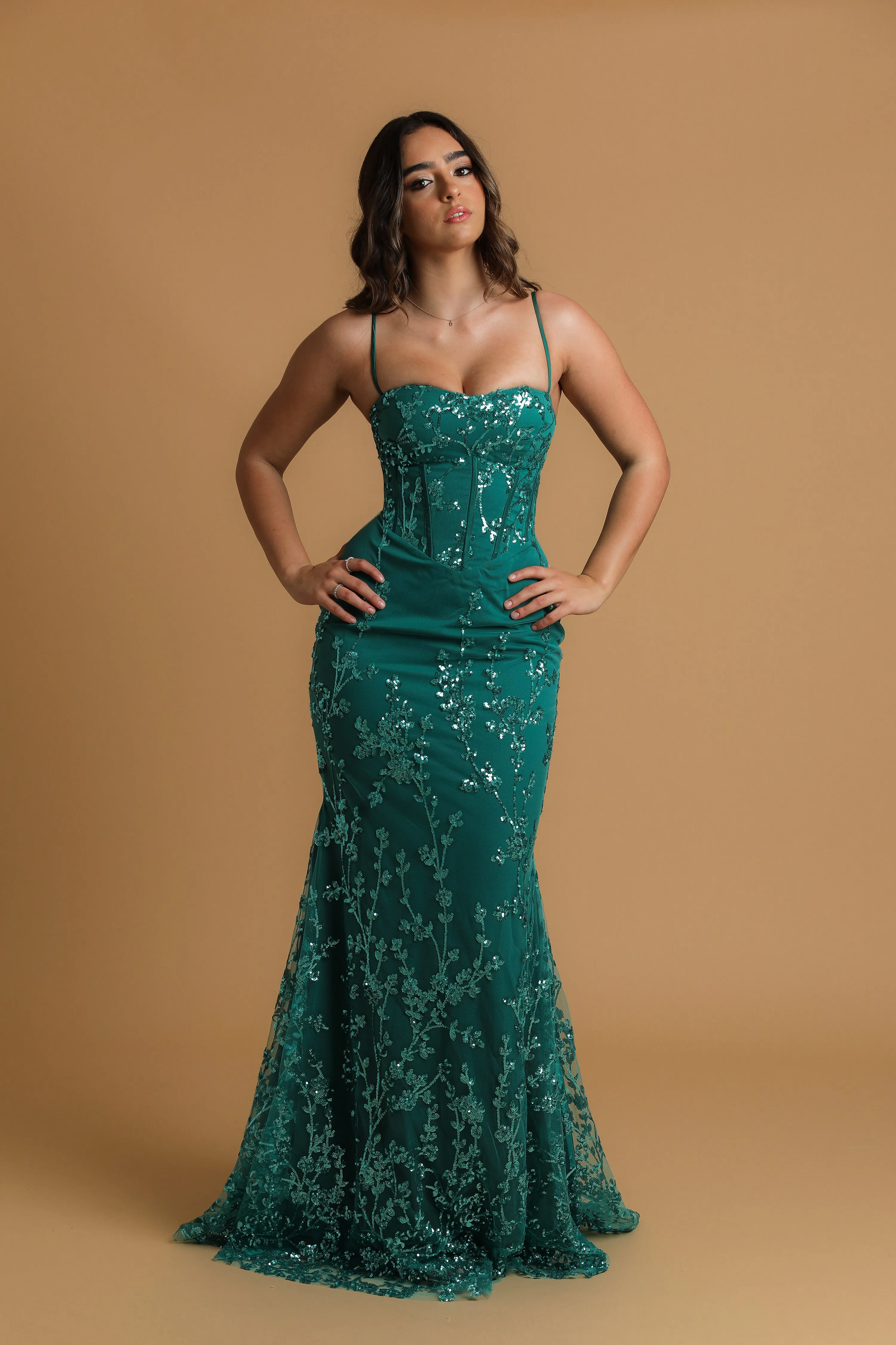 Green sequin lace straight neckline mermaid dress