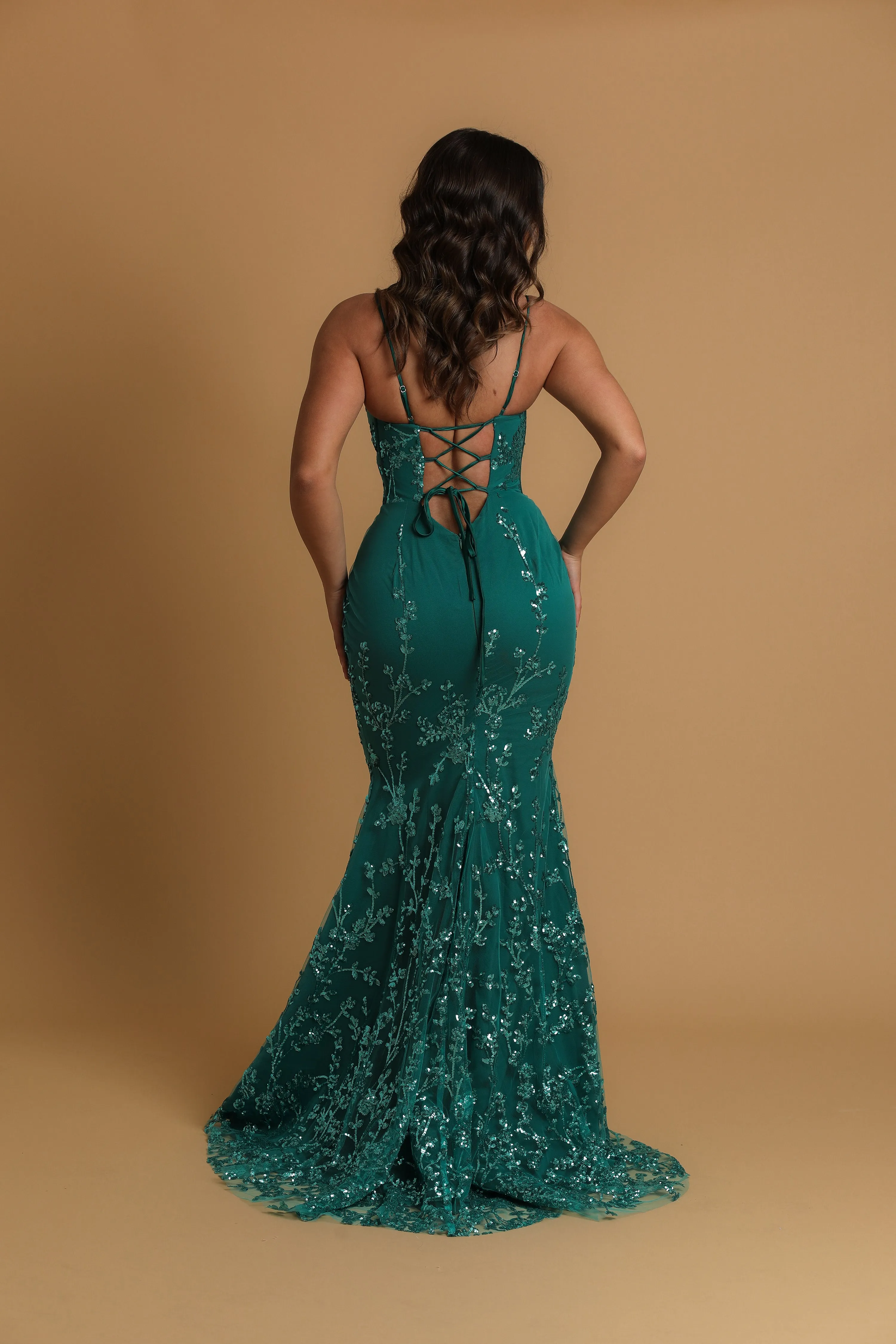 Green sequin lace straight neckline mermaid dress