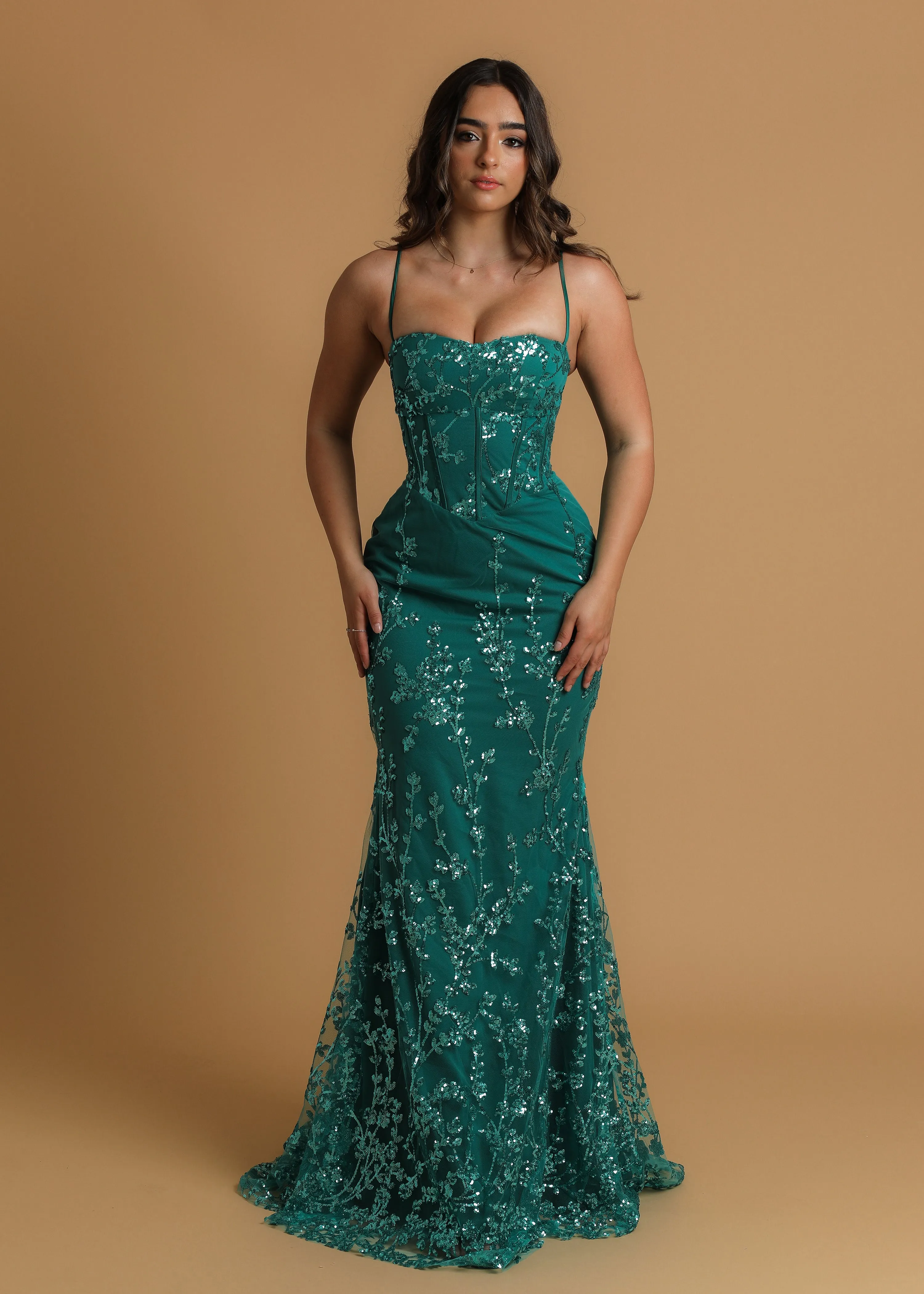 Green sequin lace straight neckline mermaid dress