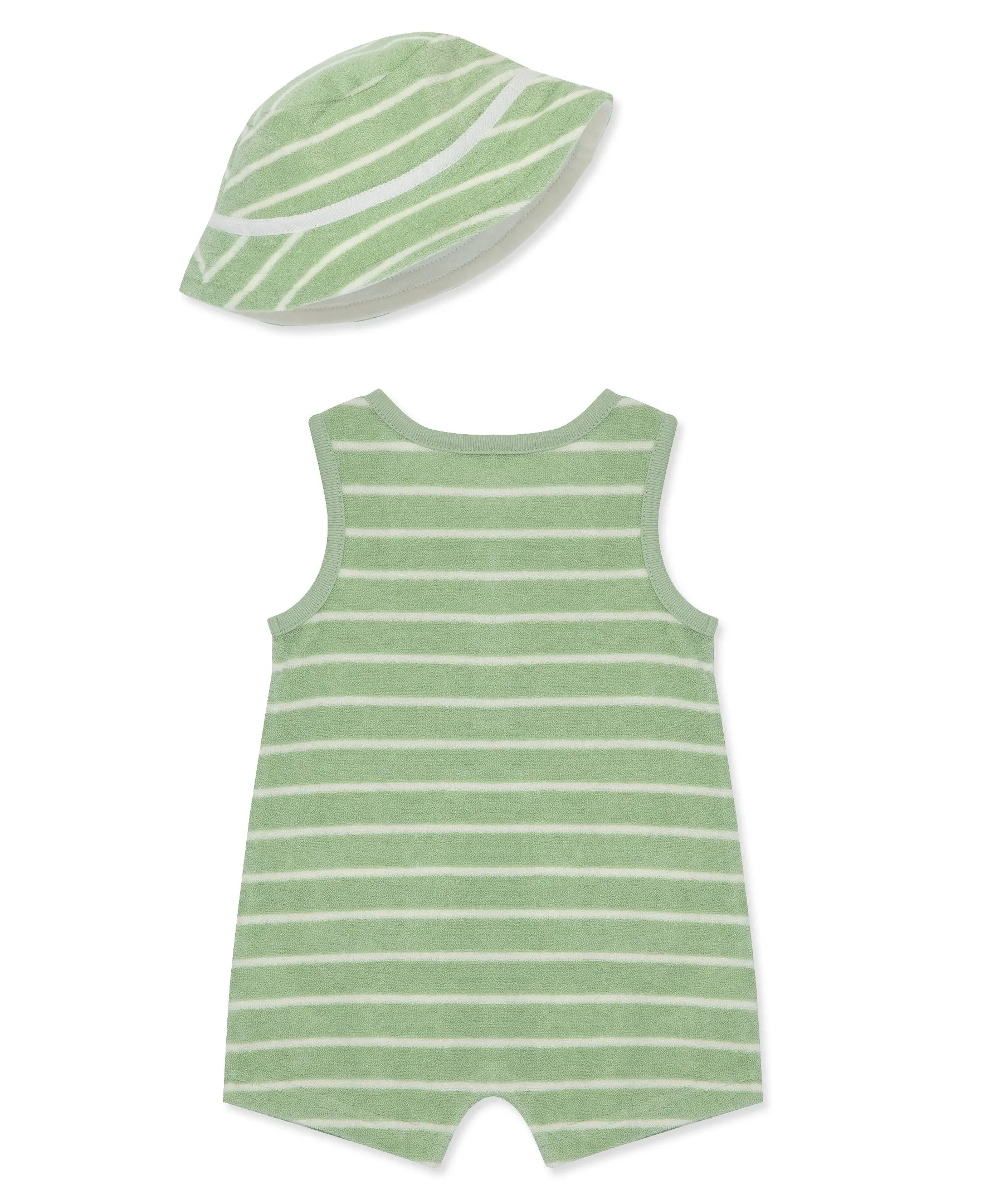 Green Striped Terry Romper & Hat Set