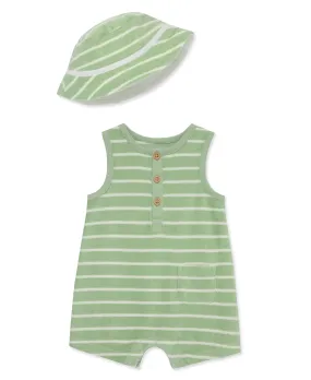 Green Striped Terry Romper & Hat Set