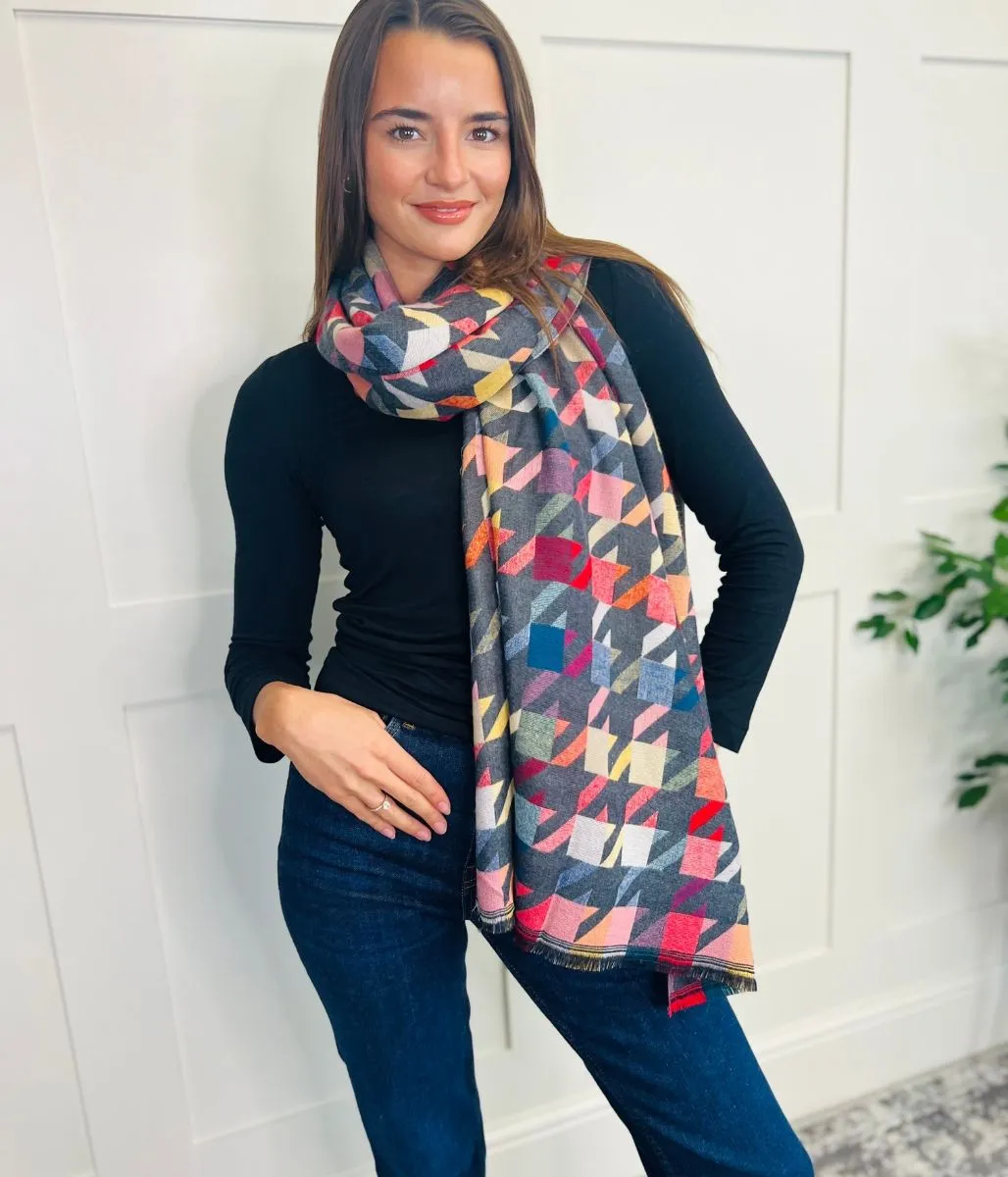 Grey Houndstooth Print Cotton Scarf