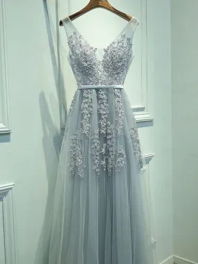 Grey Long V-Neck A line Lace Tulle Prom Dress