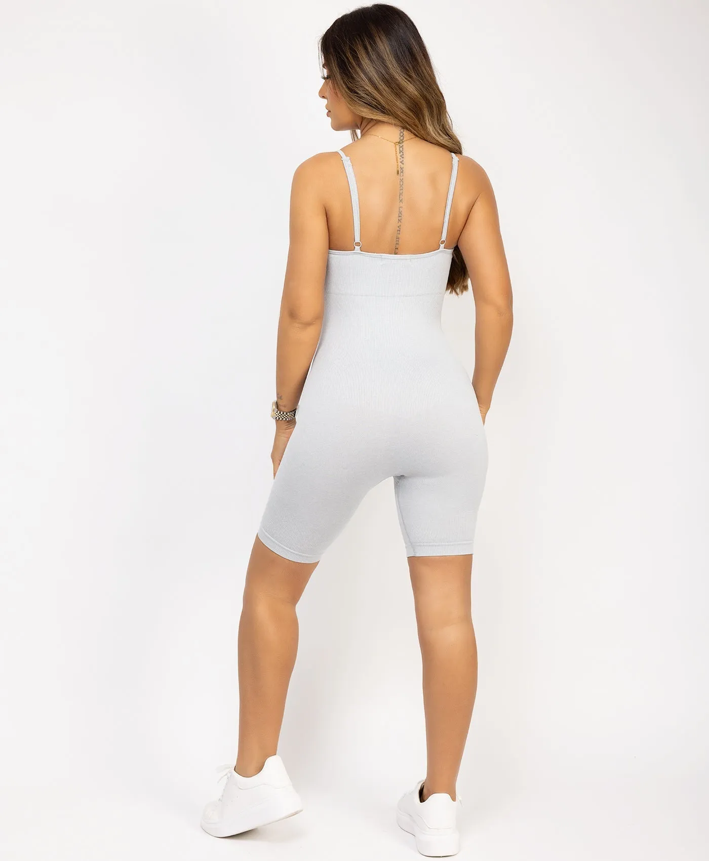 Grey Sculpting Ribbed Waist Structured Unitard Playsuit