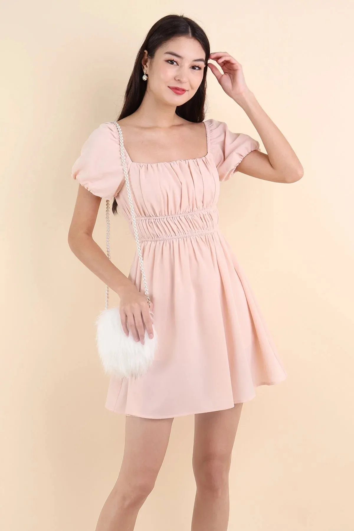 HAILEY SLEEVE ROMPER DRESS IN PEACH PINK