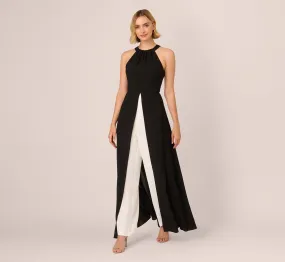 Halter Crepe Overlay Jumpsuit In Black Ivory