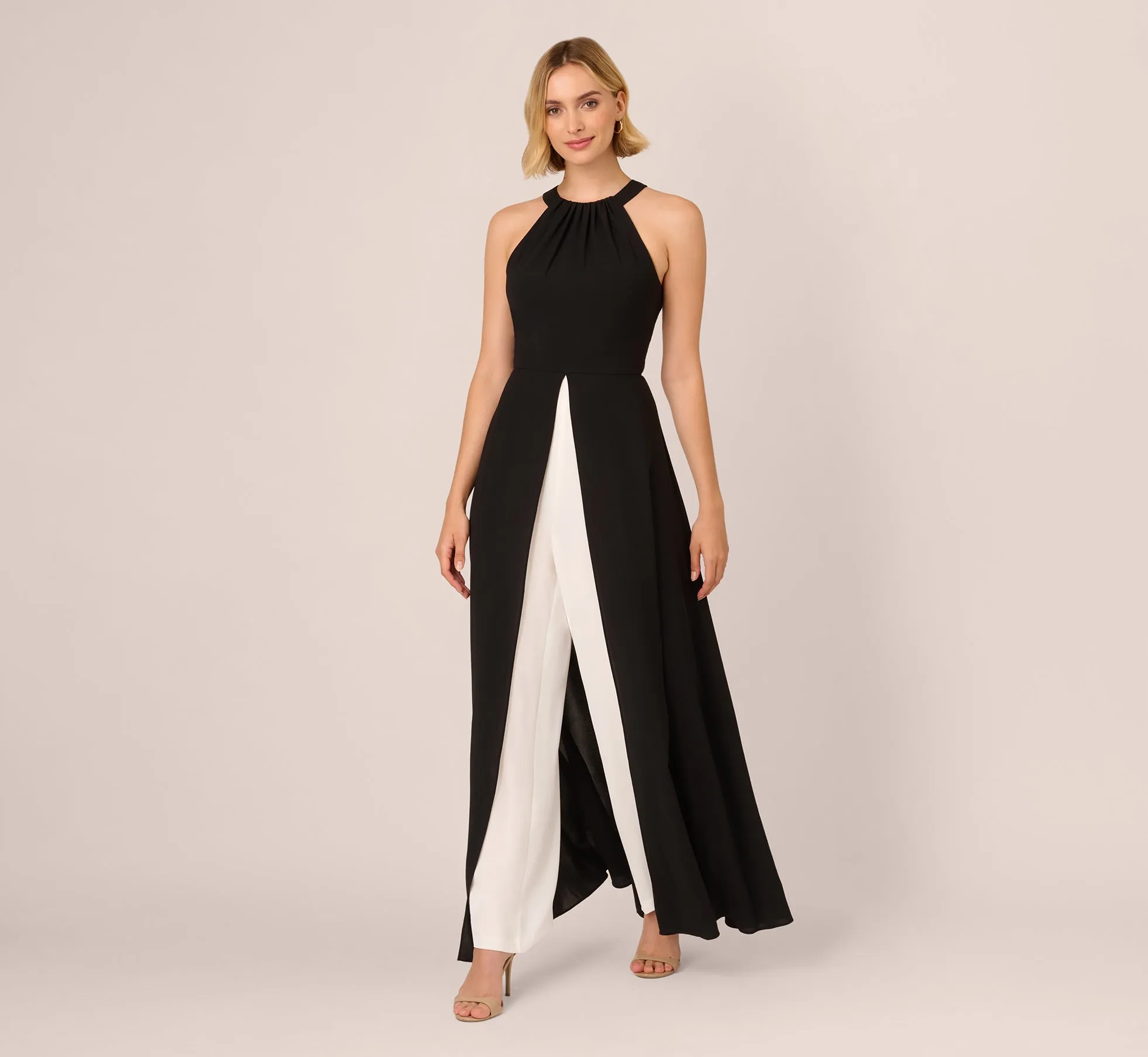 Halter Crepe Overlay Jumpsuit In Black Ivory