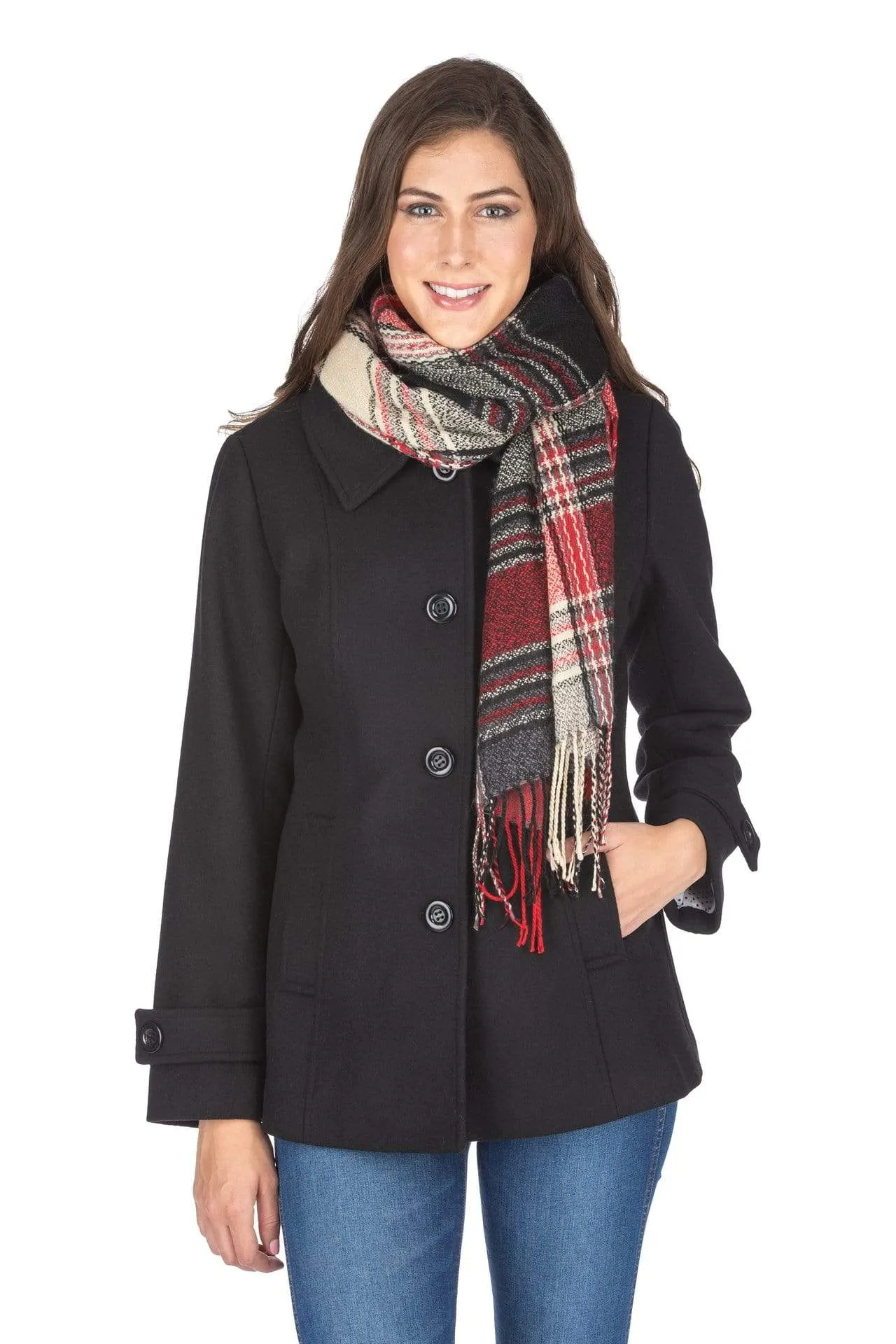 Haute Edition Women's Short Length Wool Blend Car Coat with Free Scarf