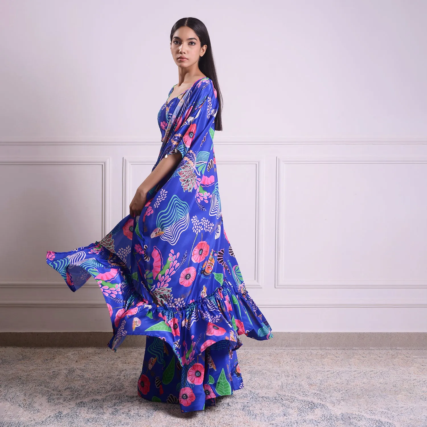 HOK ENSEMBLE Ocean blue silk skirt with long cape and blouse