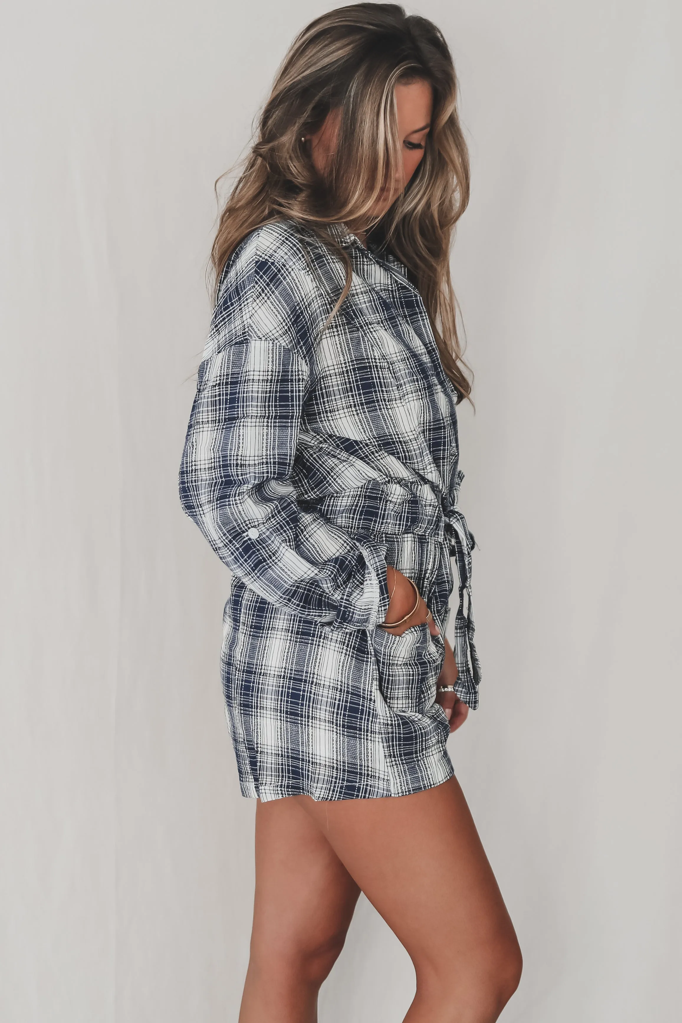 In My Feels Navy Flannel Romper