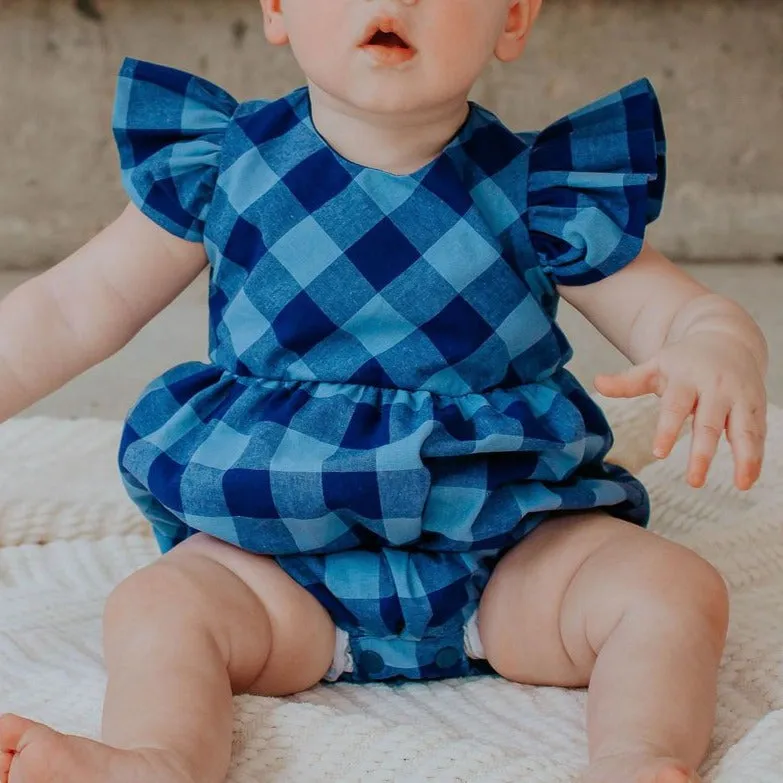 Infant Girl's Navy and Blue Plaid Ruffle Sleeve Bubble Romper