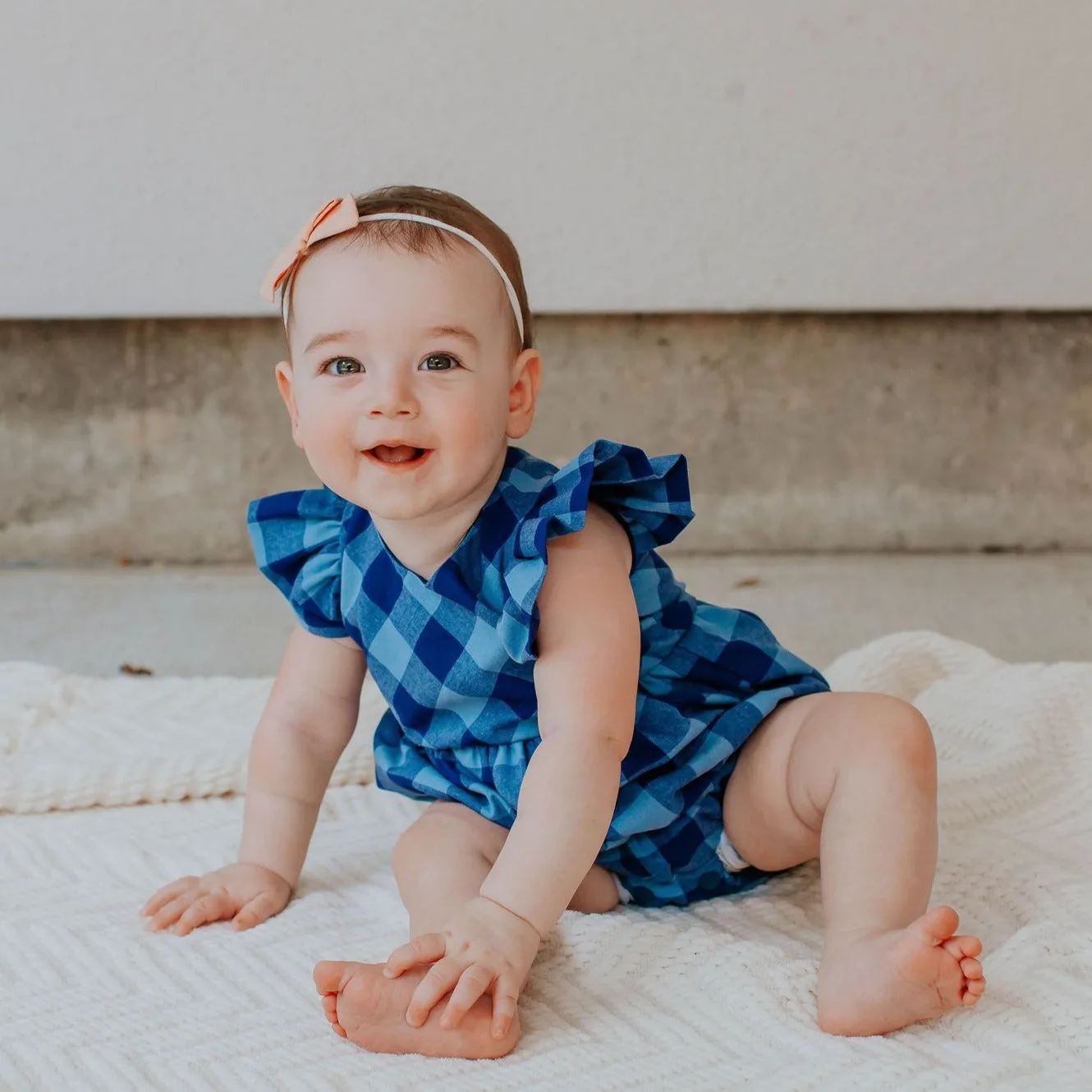 Infant Girl's Navy and Blue Plaid Ruffle Sleeve Bubble Romper