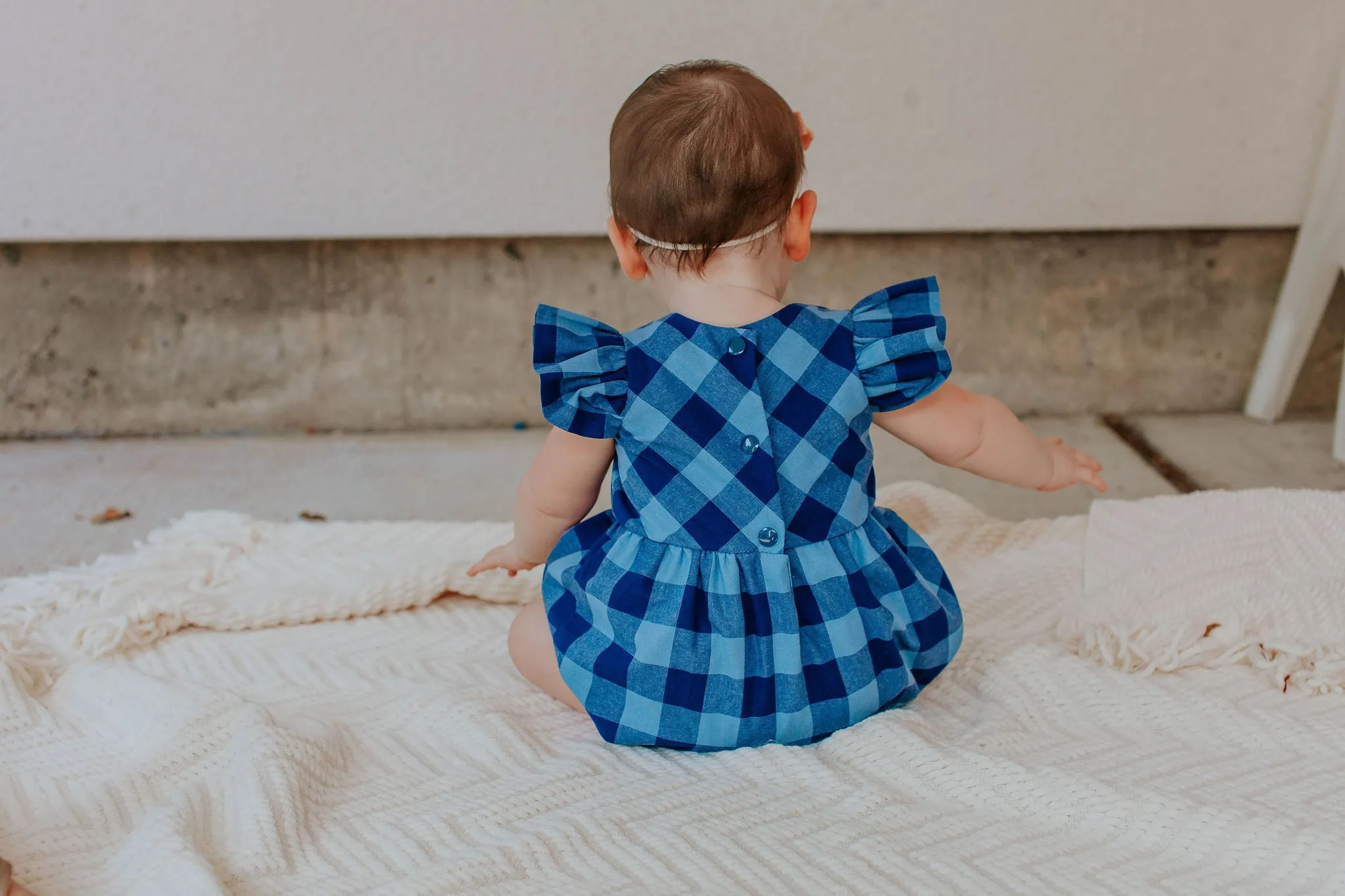 Infant Girl's Navy and Blue Plaid Ruffle Sleeve Bubble Romper