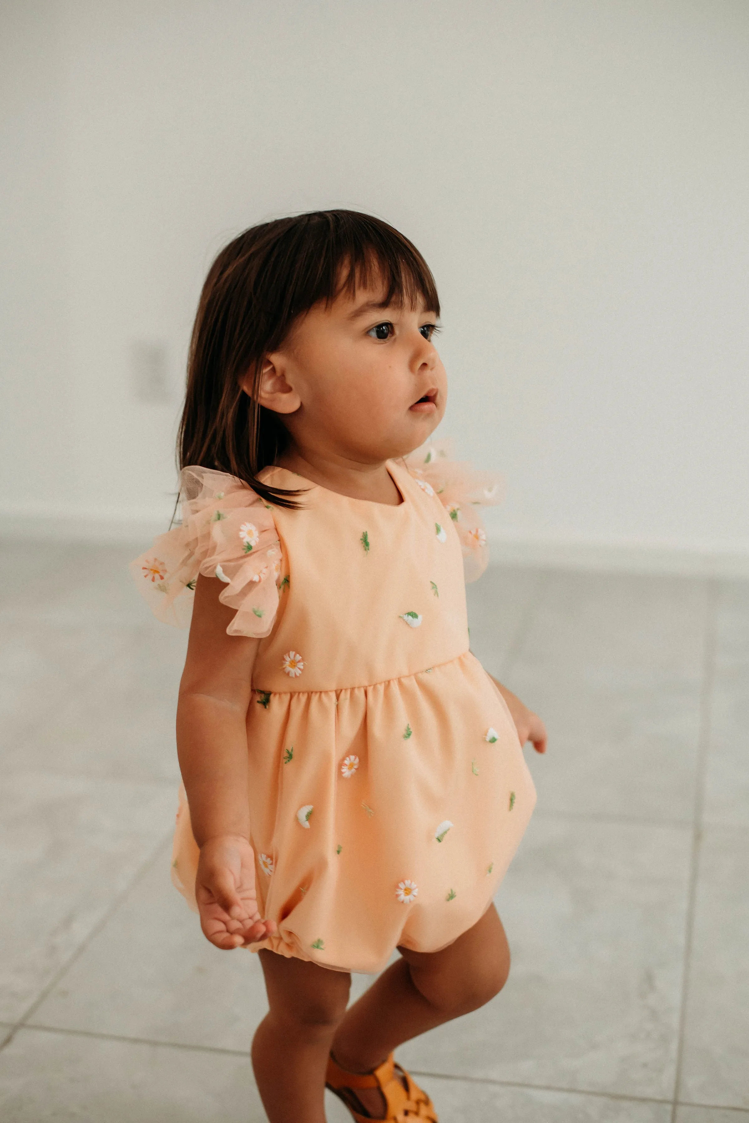 Infant Girl's Peach Tulle Daisy Print Bubble Romper