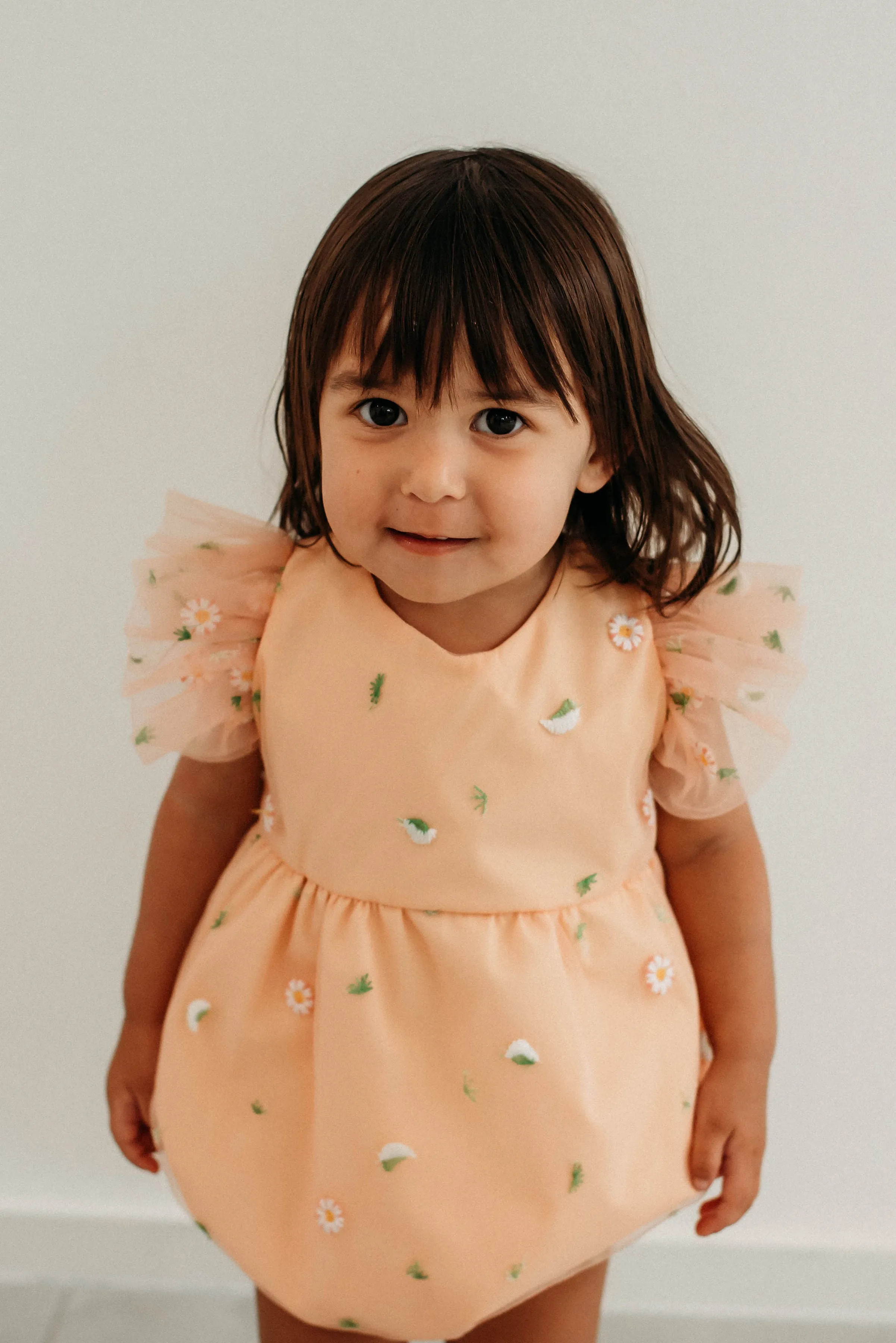 Infant Girl's Peach Tulle Daisy Print Bubble Romper