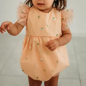 Infant Girl's Peach Tulle Daisy Print Bubble Romper