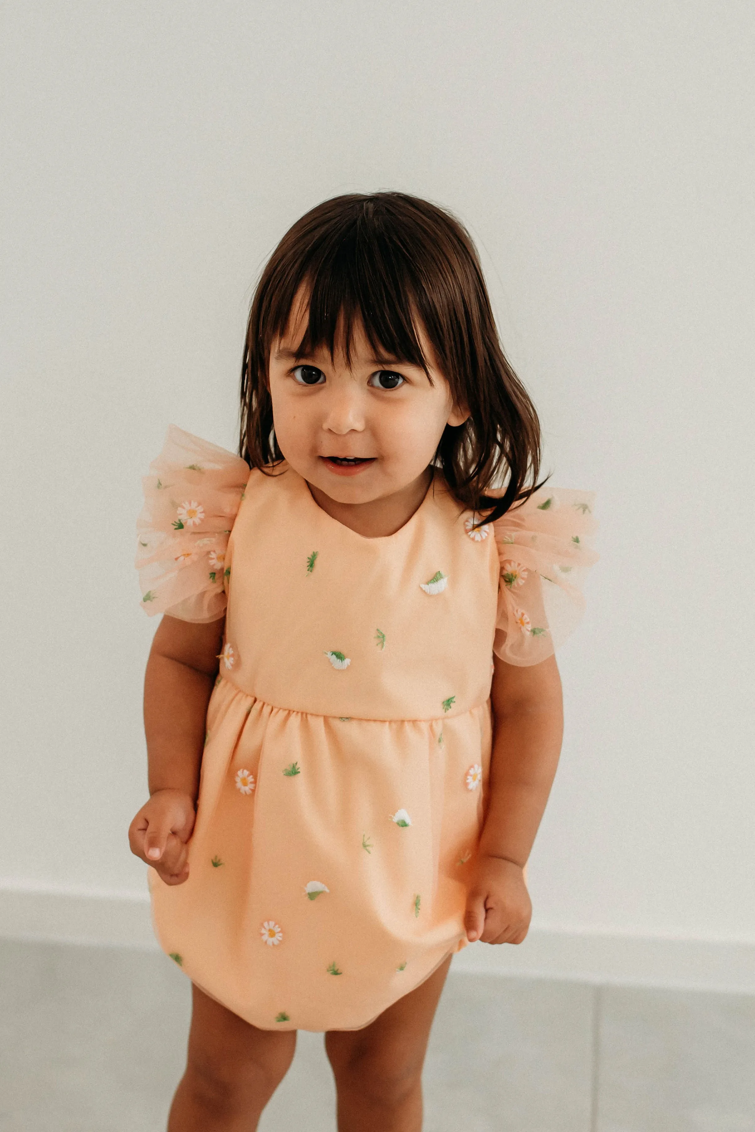 Infant Girl's Peach Tulle Daisy Print Bubble Romper