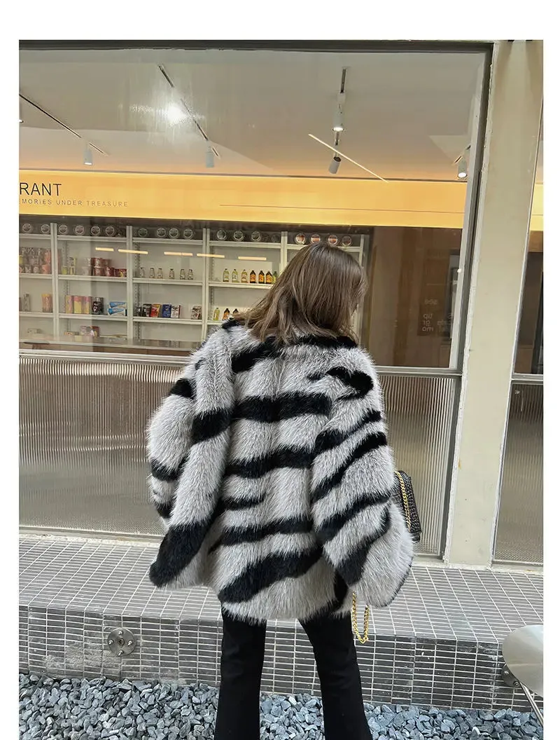 Jia Zebra-Print Faux Fox Fur Loose Mid-Length Plush Coat