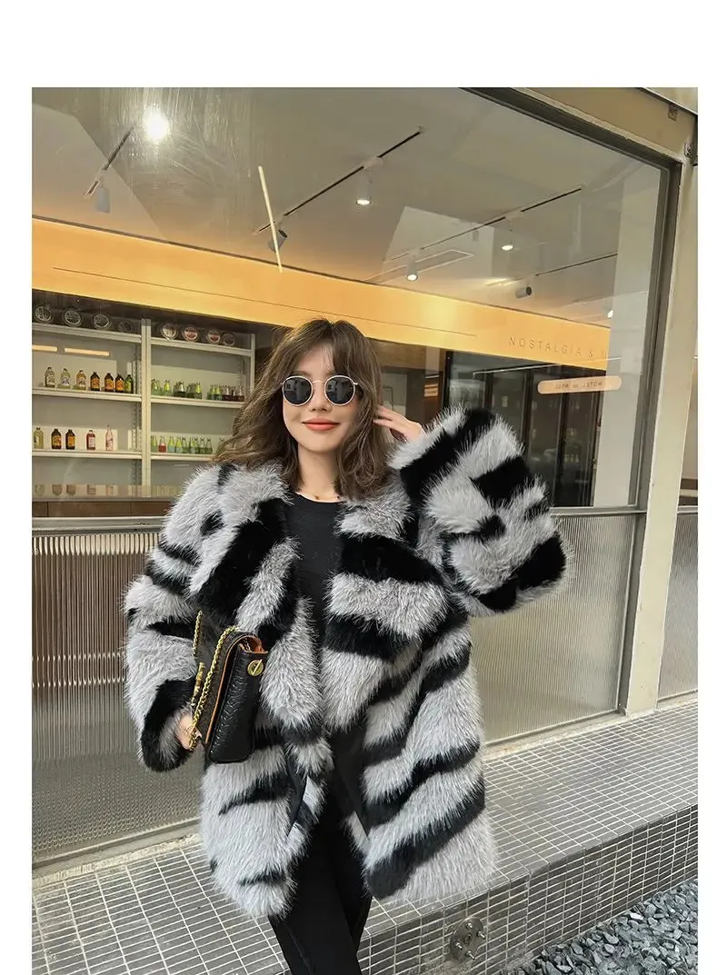 Jia Zebra-Print Faux Fox Fur Loose Mid-Length Plush Coat