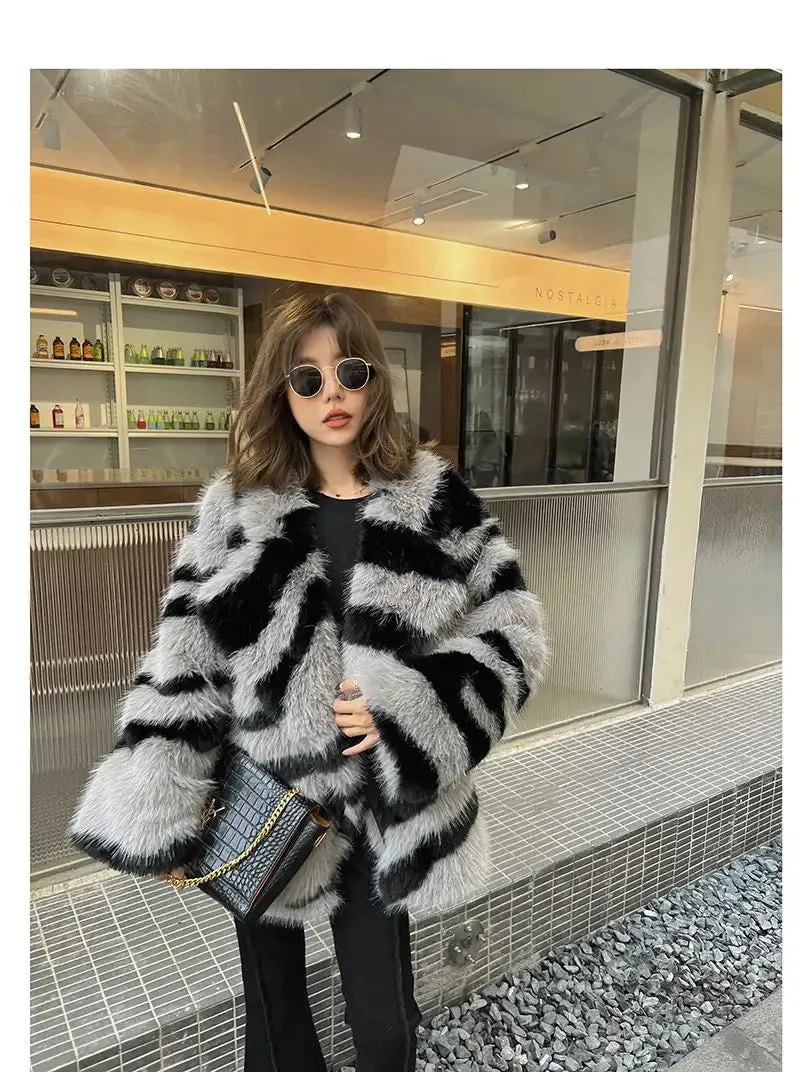 Jia Zebra-Print Faux Fox Fur Loose Mid-Length Plush Coat