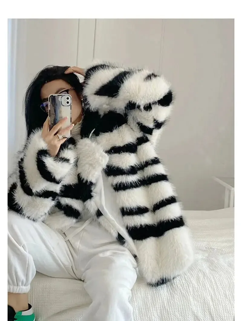 Jia Zebra-Print Faux Fox Fur Loose Mid-Length Plush Coat