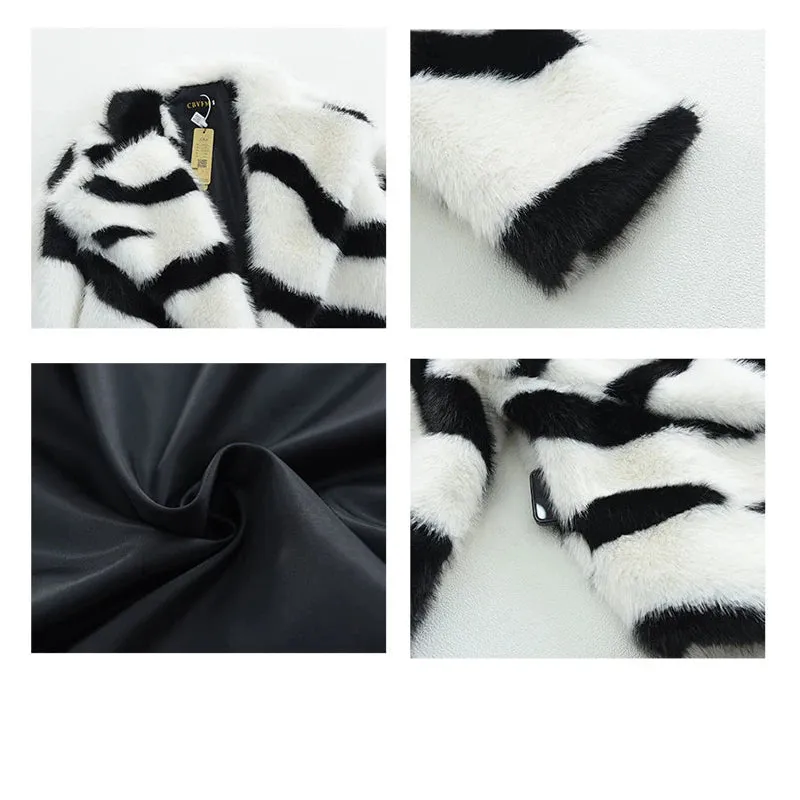 Jia Zebra-Print Faux Fox Fur Loose Mid-Length Plush Coat