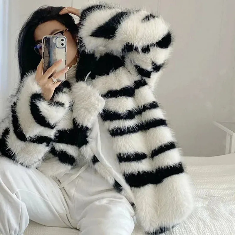 Jia Zebra-Print Faux Fox Fur Loose Mid-Length Plush Coat