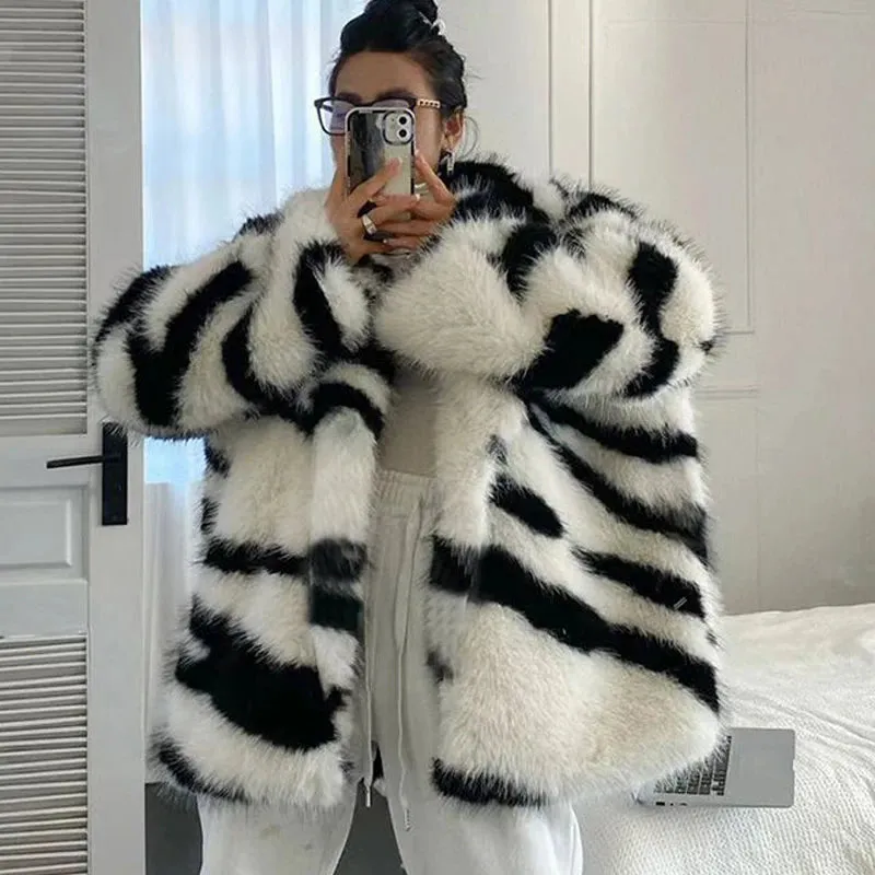 Jia Zebra-Print Faux Fox Fur Loose Mid-Length Plush Coat