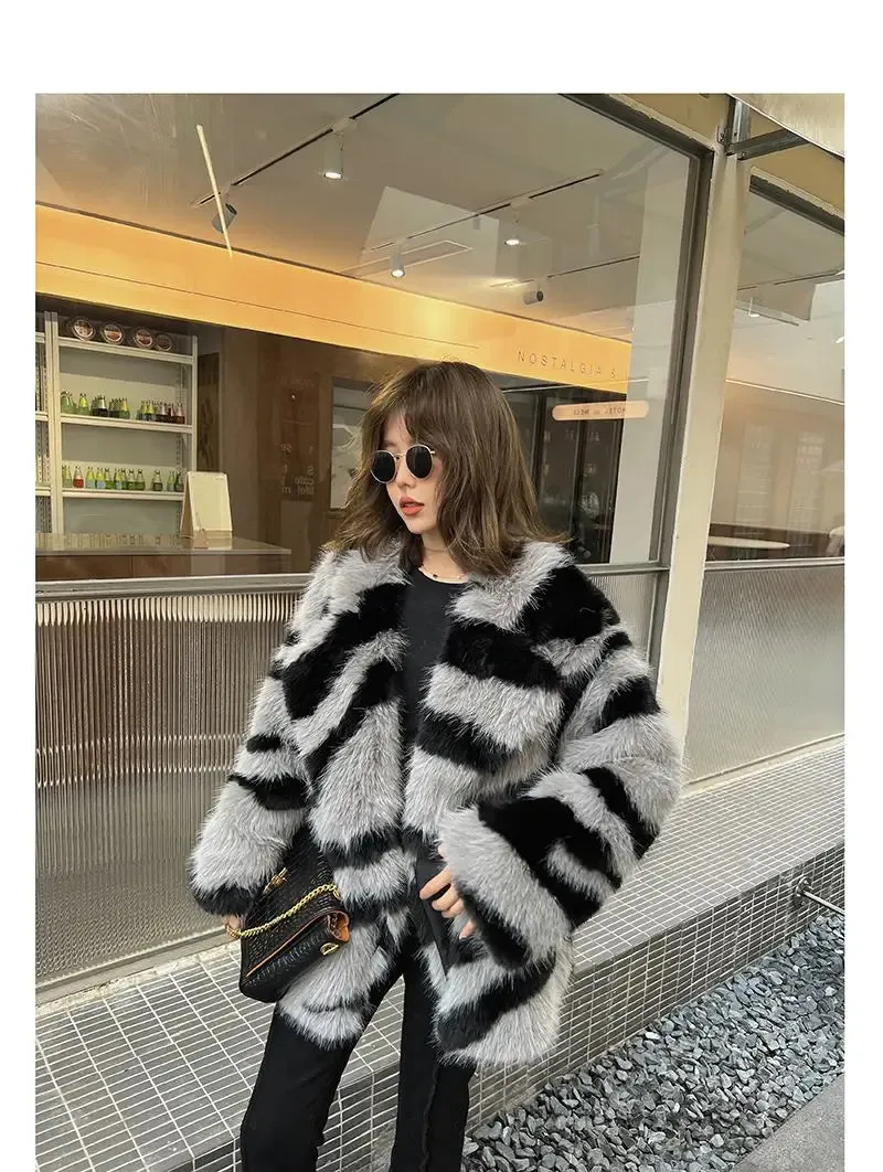 Jia Zebra-Print Faux Fox Fur Loose Mid-Length Plush Coat