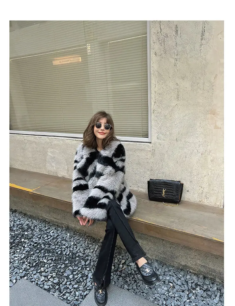 Jia Zebra-Print Faux Fox Fur Loose Mid-Length Plush Coat