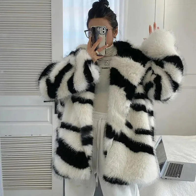 Jia Zebra-Print Faux Fox Fur Loose Mid-Length Plush Coat