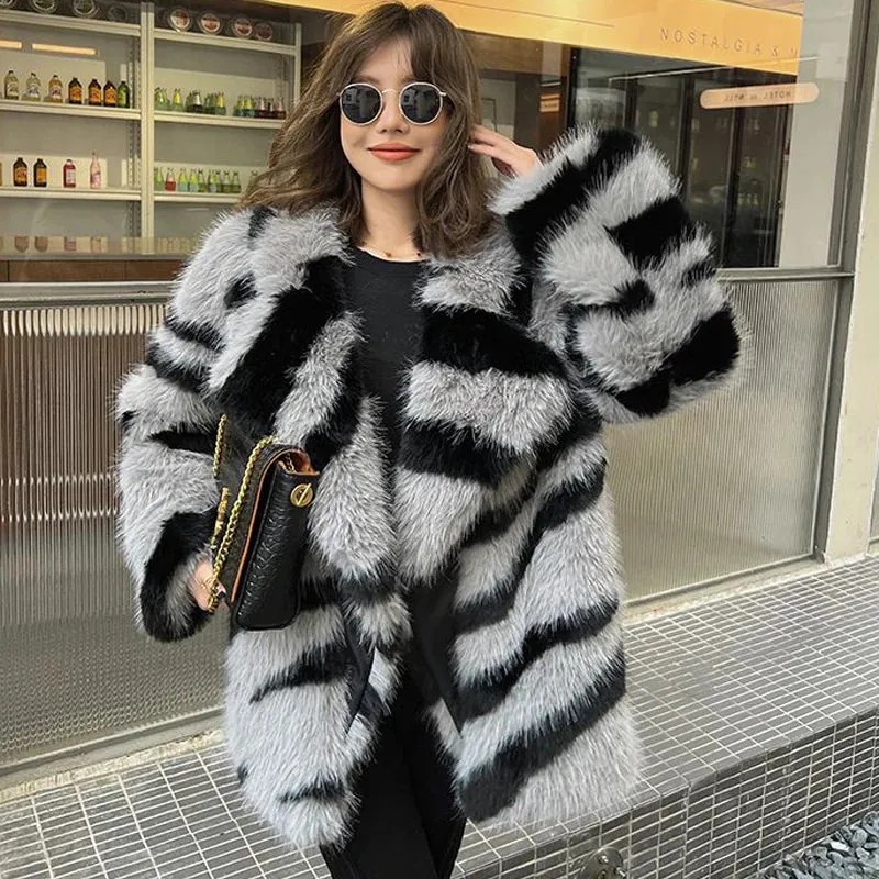 Jia Zebra-Print Faux Fox Fur Loose Mid-Length Plush Coat