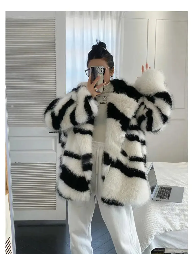 Jia Zebra-Print Faux Fox Fur Loose Mid-Length Plush Coat