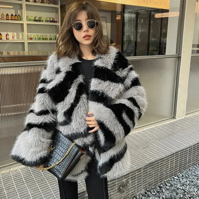 Jia Zebra-Print Faux Fox Fur Loose Mid-Length Plush Coat