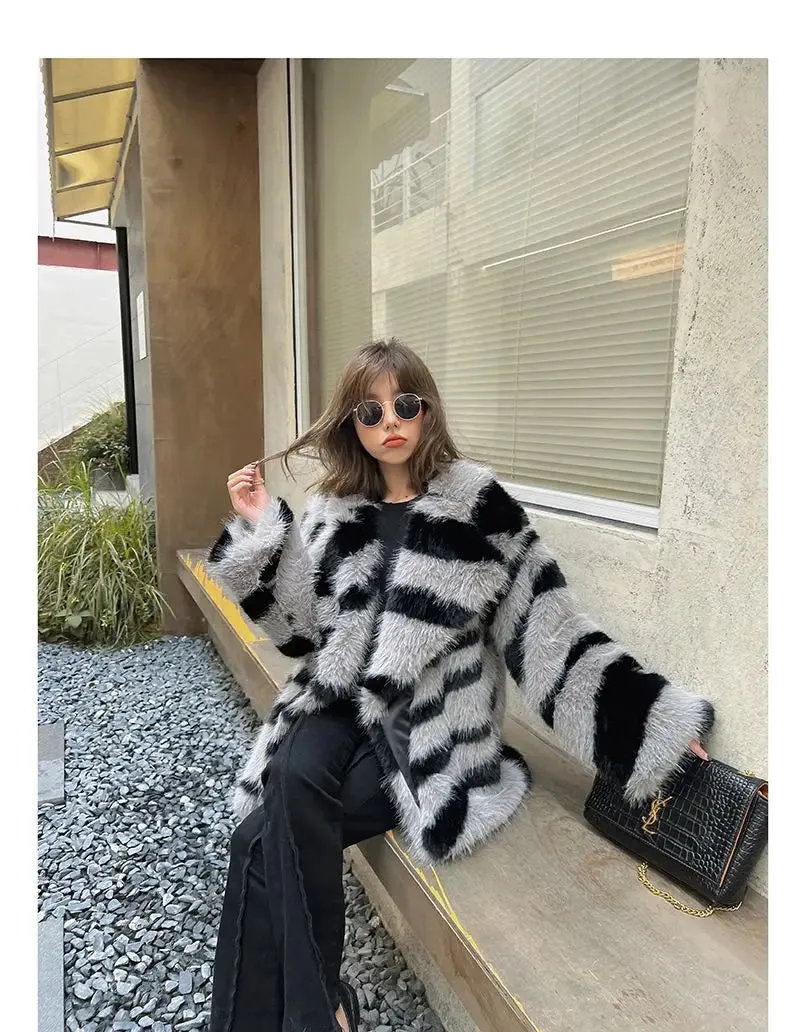 Jia Zebra-Print Faux Fox Fur Loose Mid-Length Plush Coat