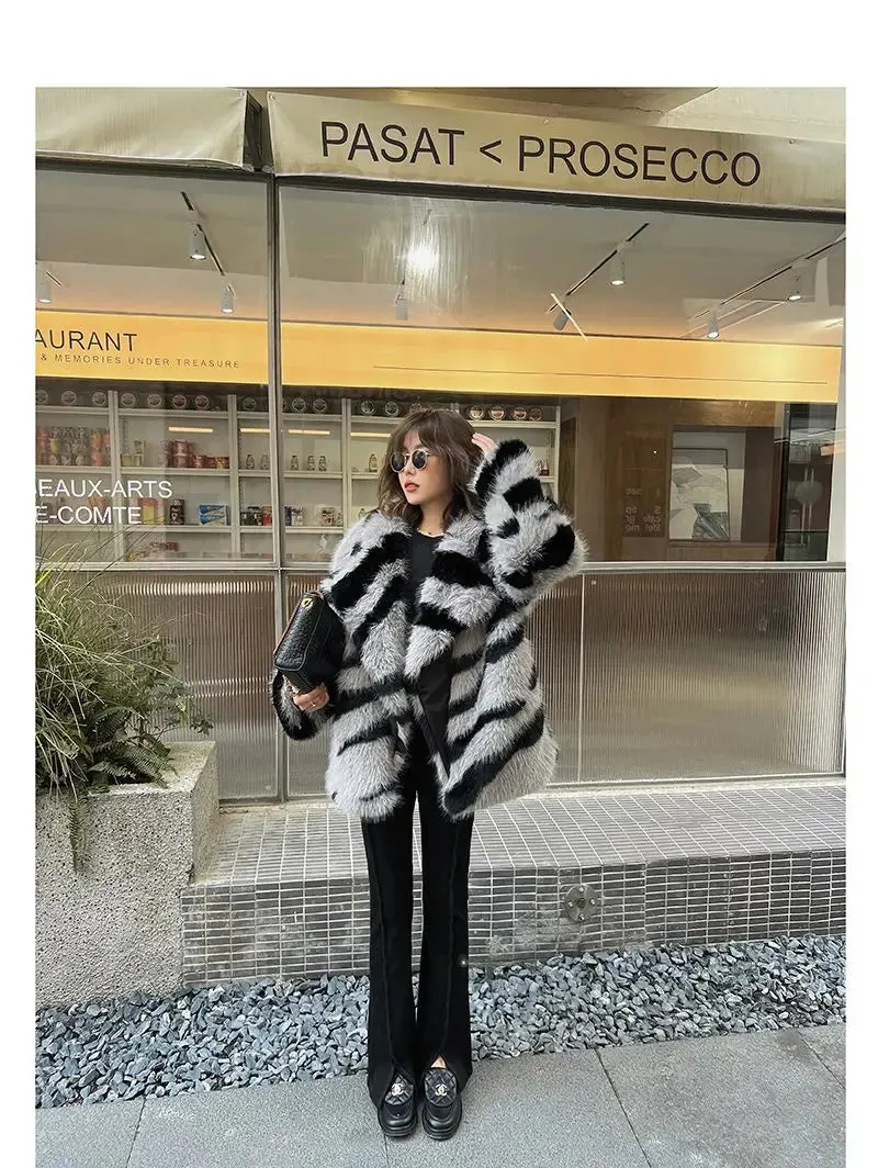 Jia Zebra-Print Faux Fox Fur Loose Mid-Length Plush Coat