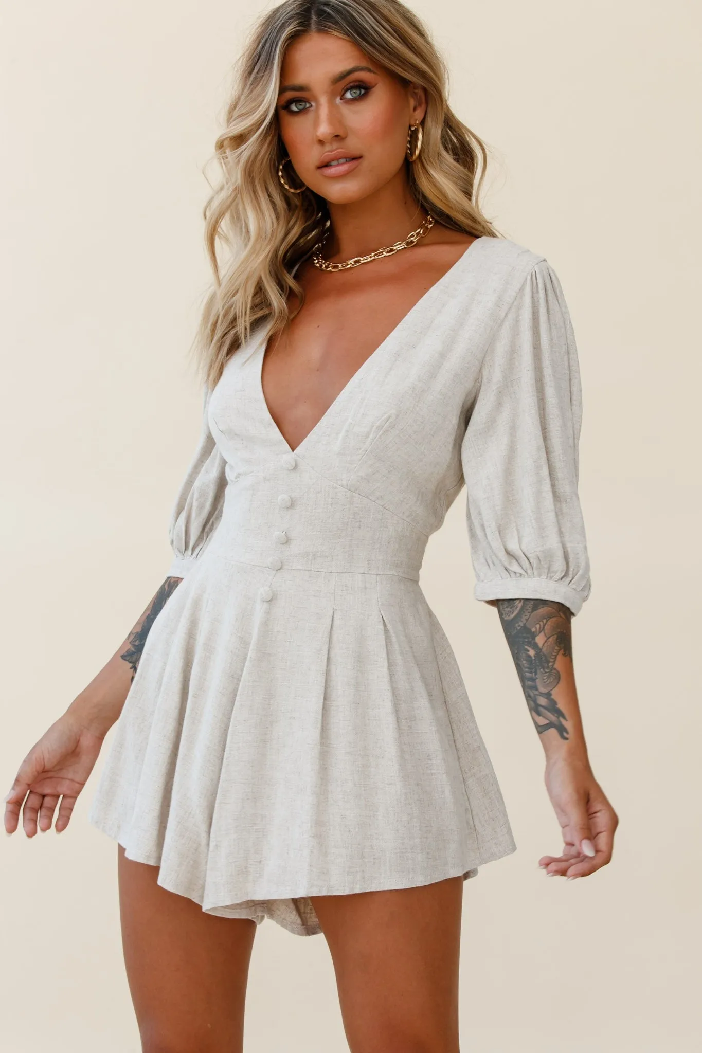 Jinka Balloon Sleeve Structured Bodice Romper Natural