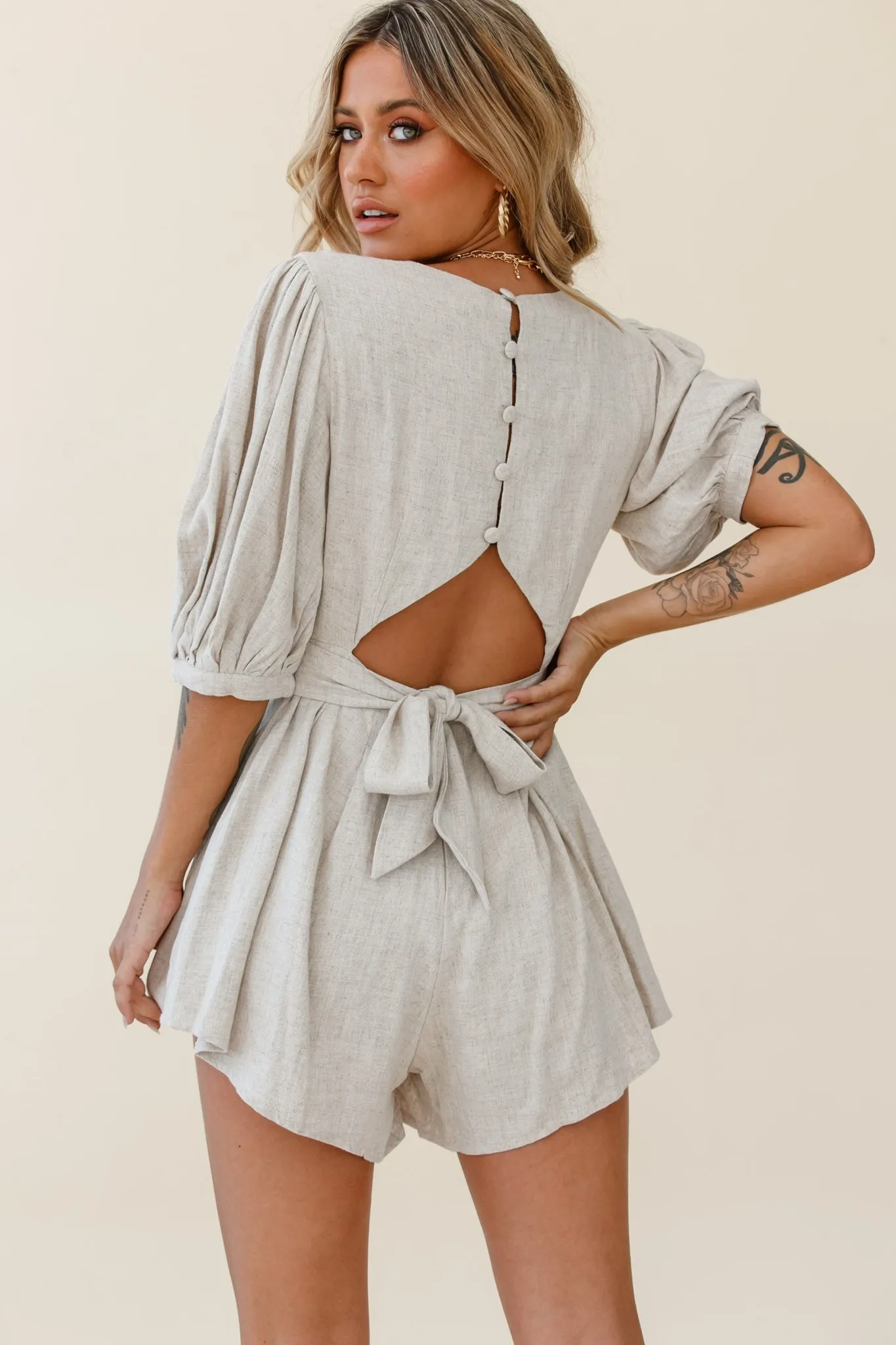 Jinka Balloon Sleeve Structured Bodice Romper Natural