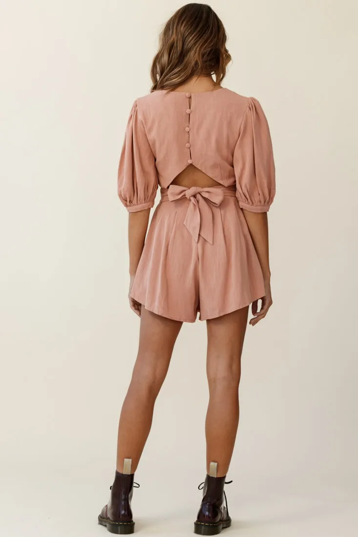 Jinka Balloon Sleeve Structured Bodice Romper Tan