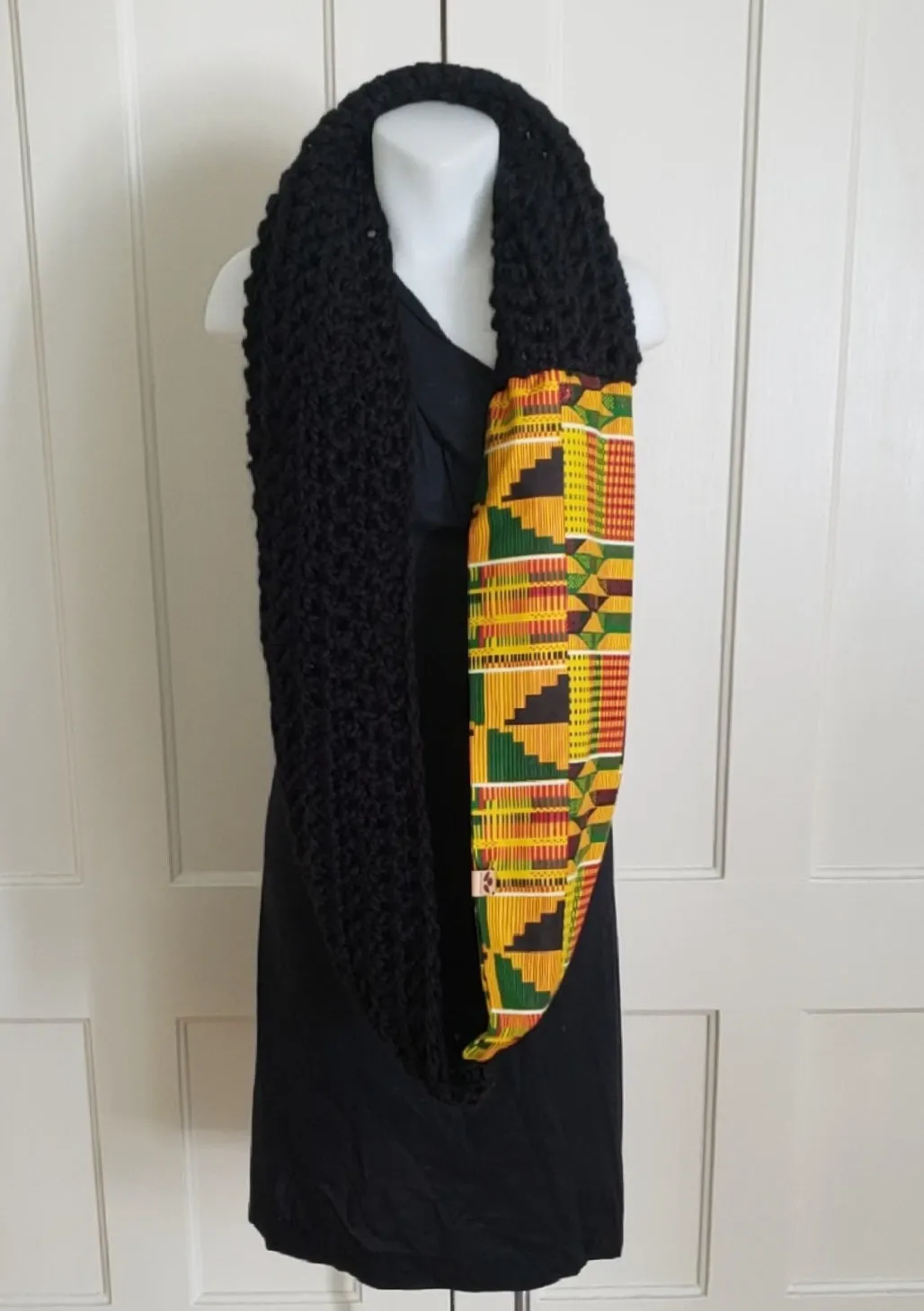 Kente Print Scarf with Black HandKnit Fabric