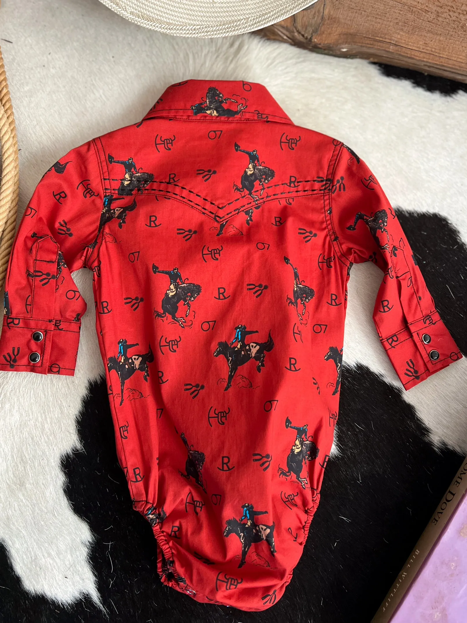 Kid's Vintage Bronc Red Long Sleeve Romper