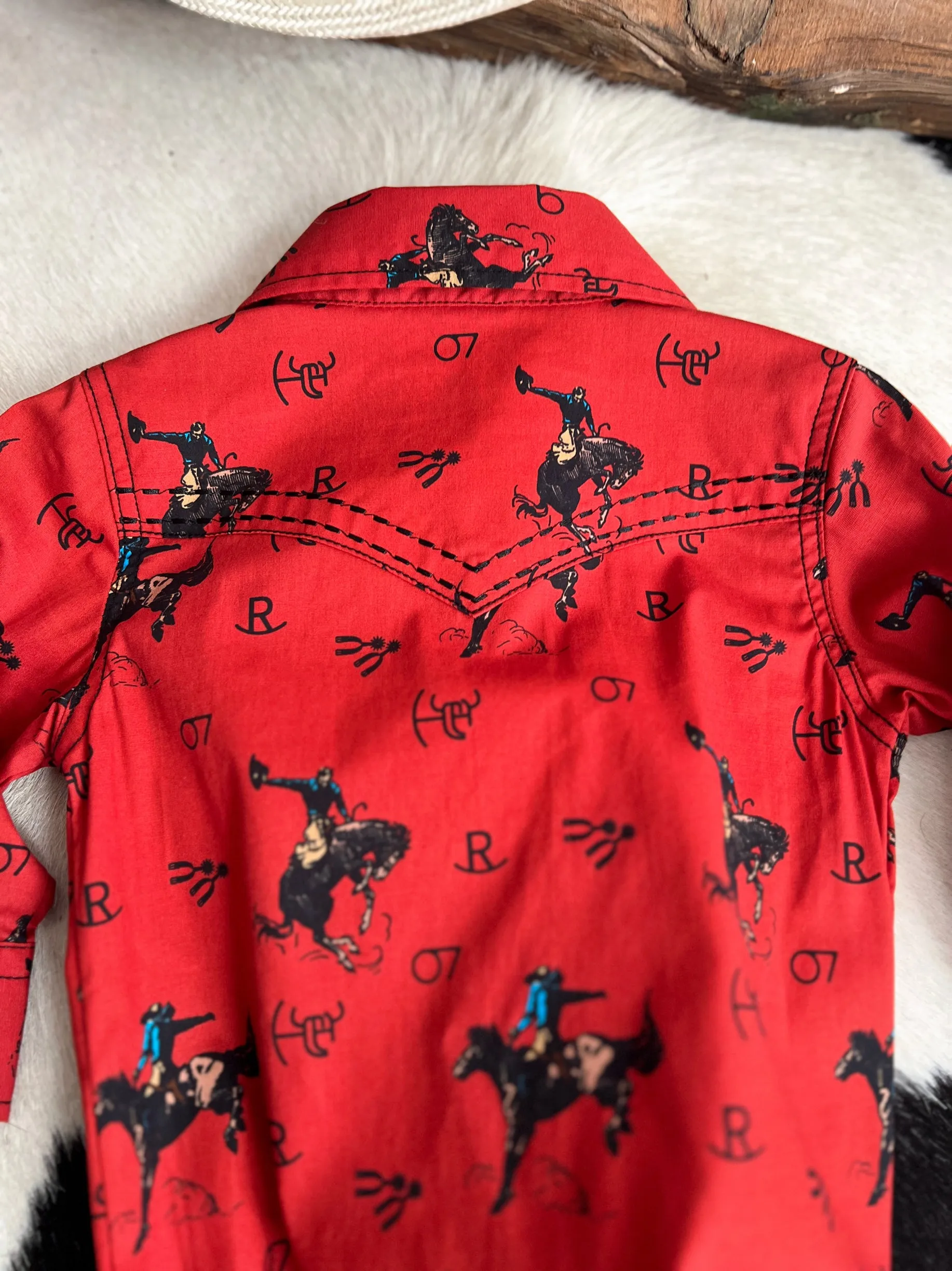 Kid's Vintage Bronc Red Long Sleeve Romper