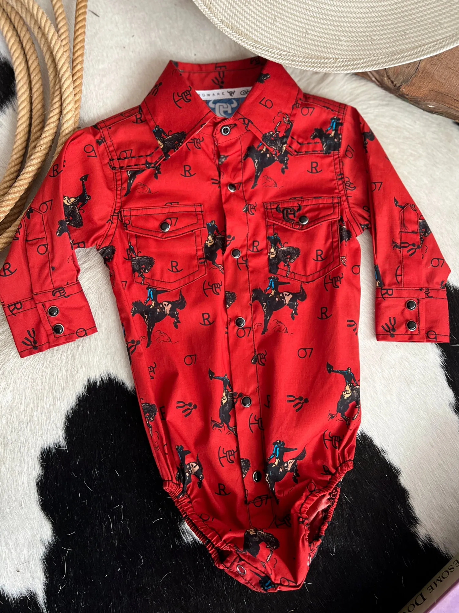 Kid's Vintage Bronc Red Long Sleeve Romper