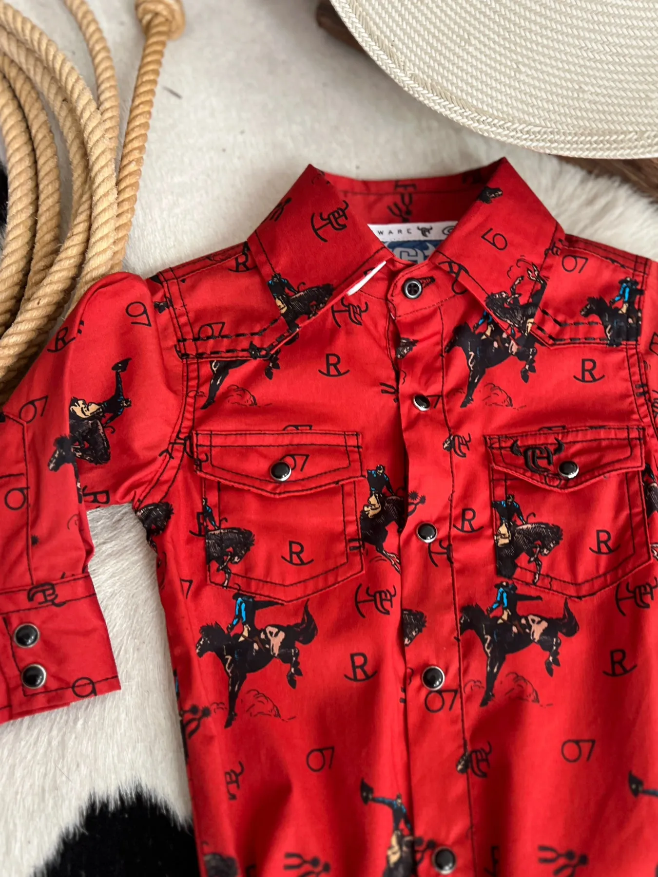 Kid's Vintage Bronc Red Long Sleeve Romper